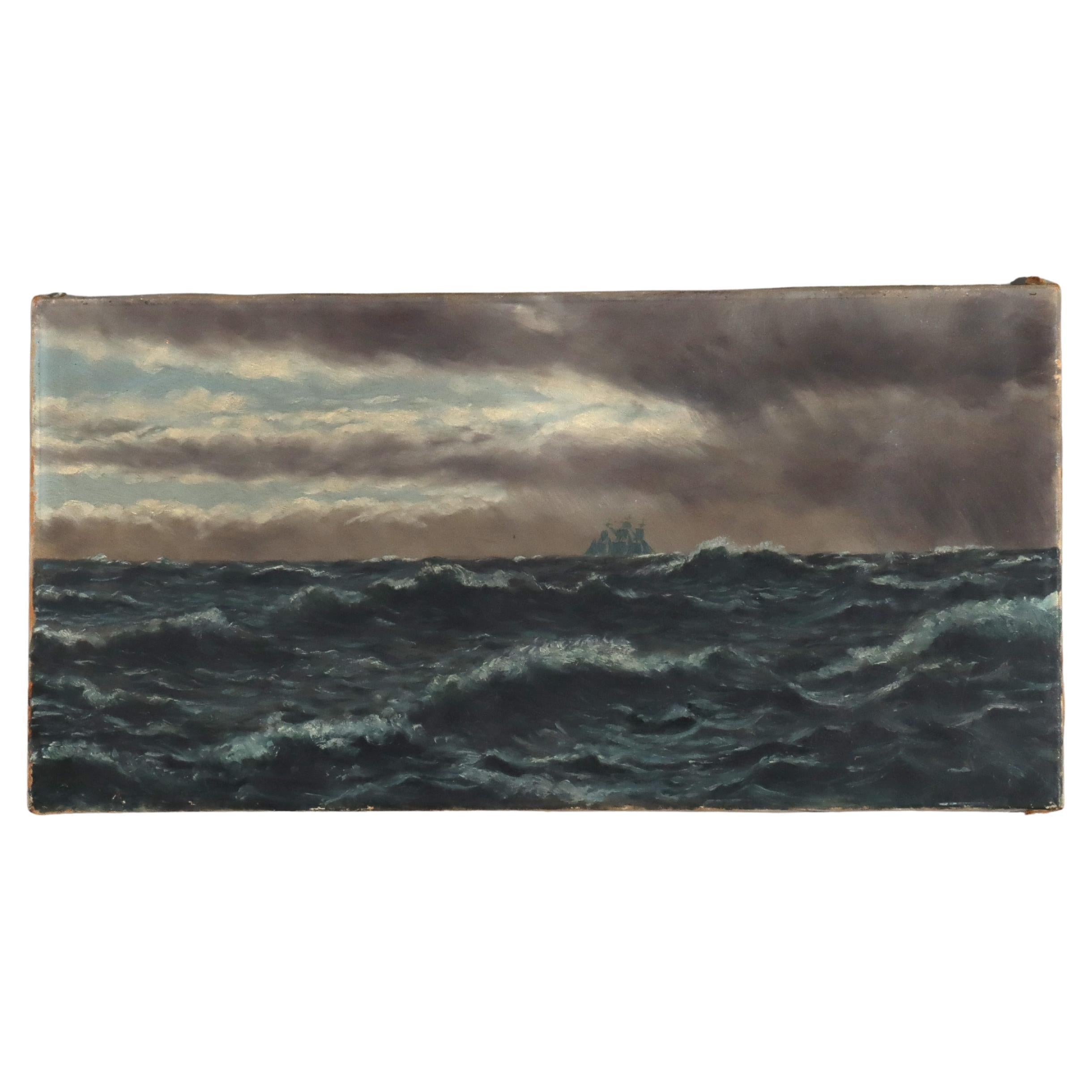 Antique Oil on Canvas Seascape with Sailboat On Rough Seas 19thC