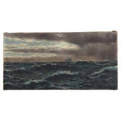 Óleo antiguo sobre lienzo Paisaje marino con velero en mar agitado S. XIX