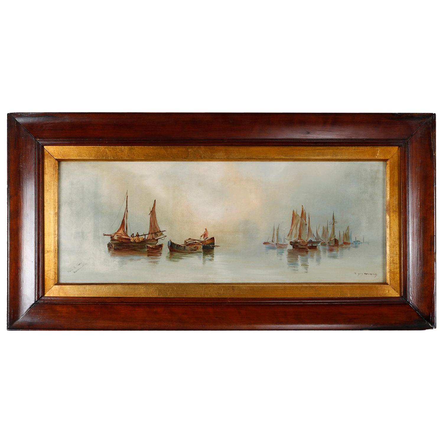 Antique Oil On Canvas Seascapes "Grey Morning" by Barker, circa 1900