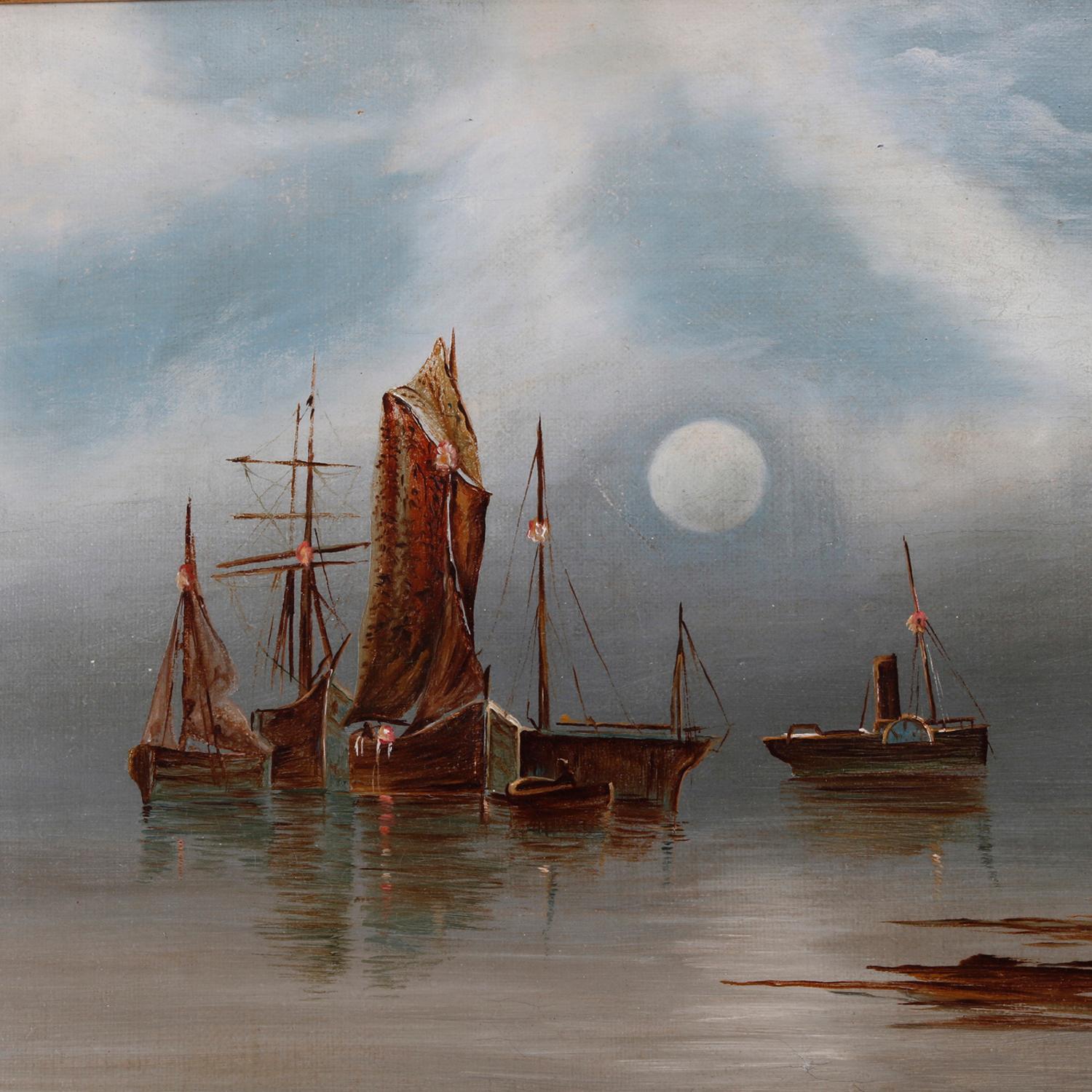 Antique oil on canvas seascapes by Barker depict fishing boats with figures, titled 