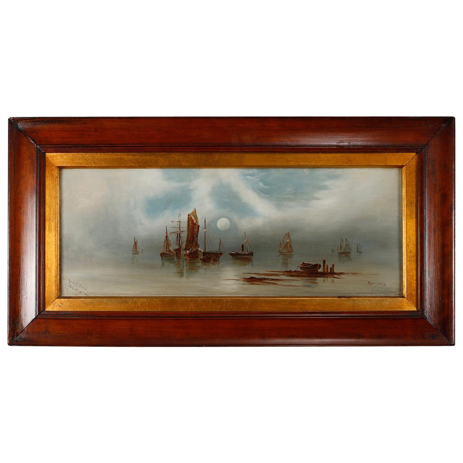 Antique Oil on Canvas Seascapes "Moonrise" by Barker, circa 1900