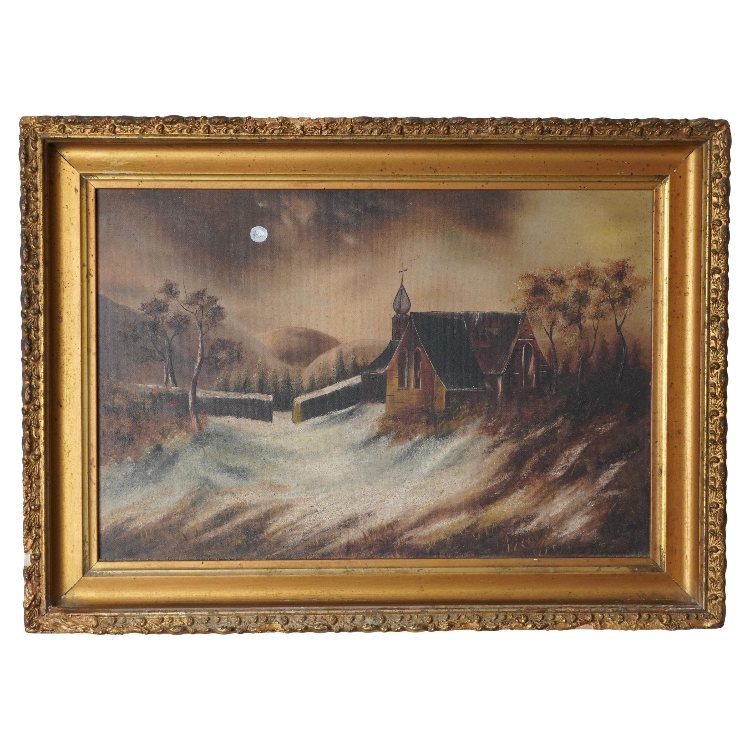 Antikes Öl auf Leinwand "St. Theobalds Chapel" von Edna M. Austin, März 1892 im Angebot