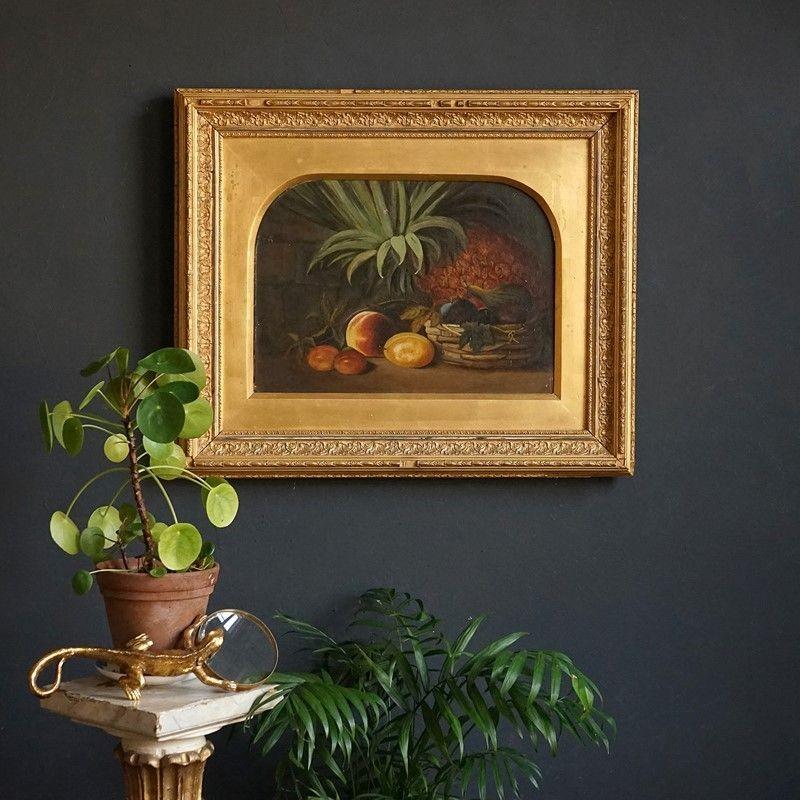 Peint à la main Ancienne peinture originale à l'huile sur toile représentant une nature morte avec des fruits, 1880 en vente