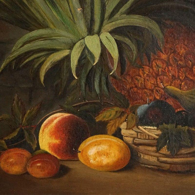 Peinture originale ancienne à l'huile sur toile

Sur une table de cuisine, un grand ananas est placé dans un panier avec des prunes, des figues, des nectarines et du feuillage.

Je dirais qu'elle date de C.C. 1880.

Dans un superbe cadre cintré et