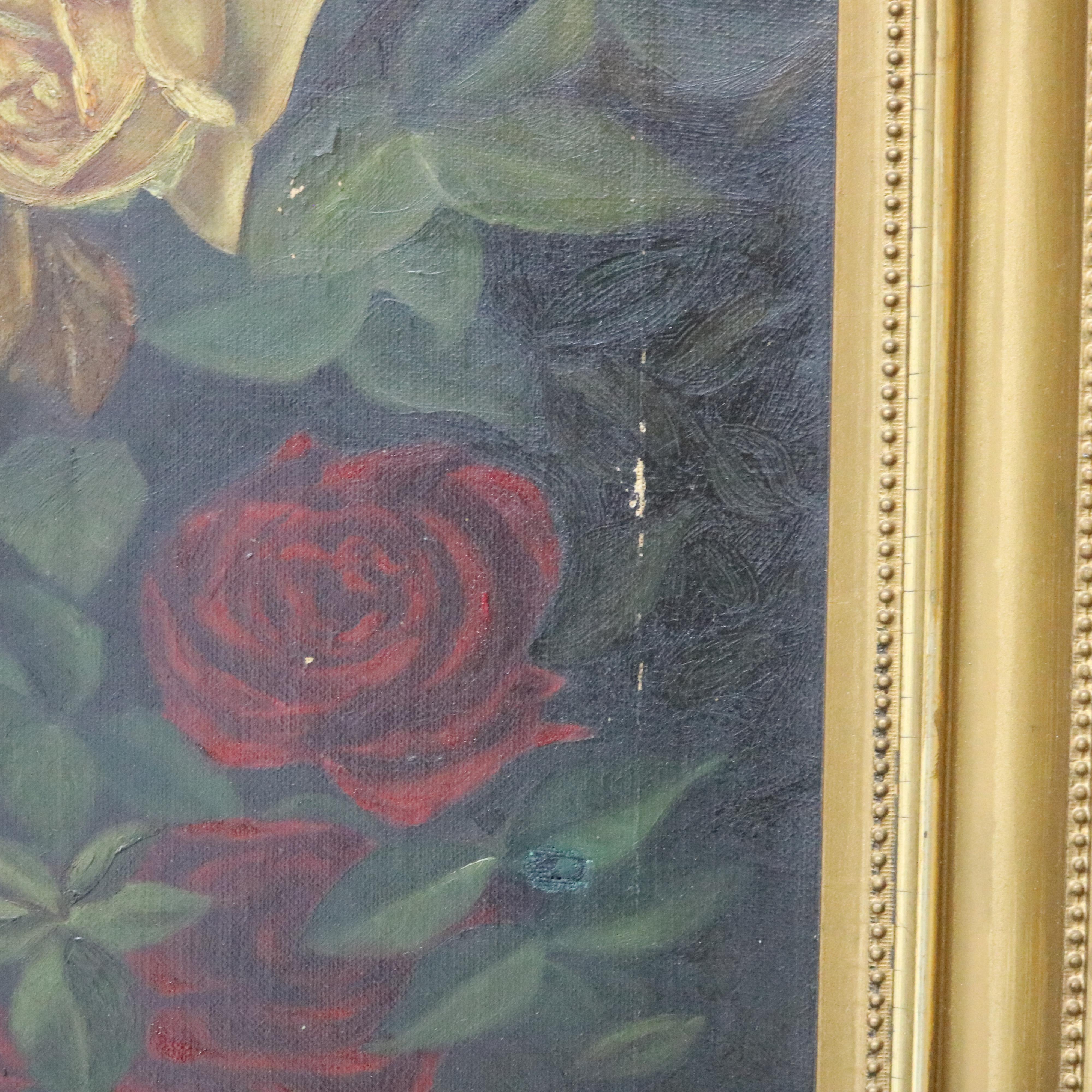 Hand-Painted Antique Oil on Canvas Still Life Painting of Roses Signed by S. Campbell C1843
