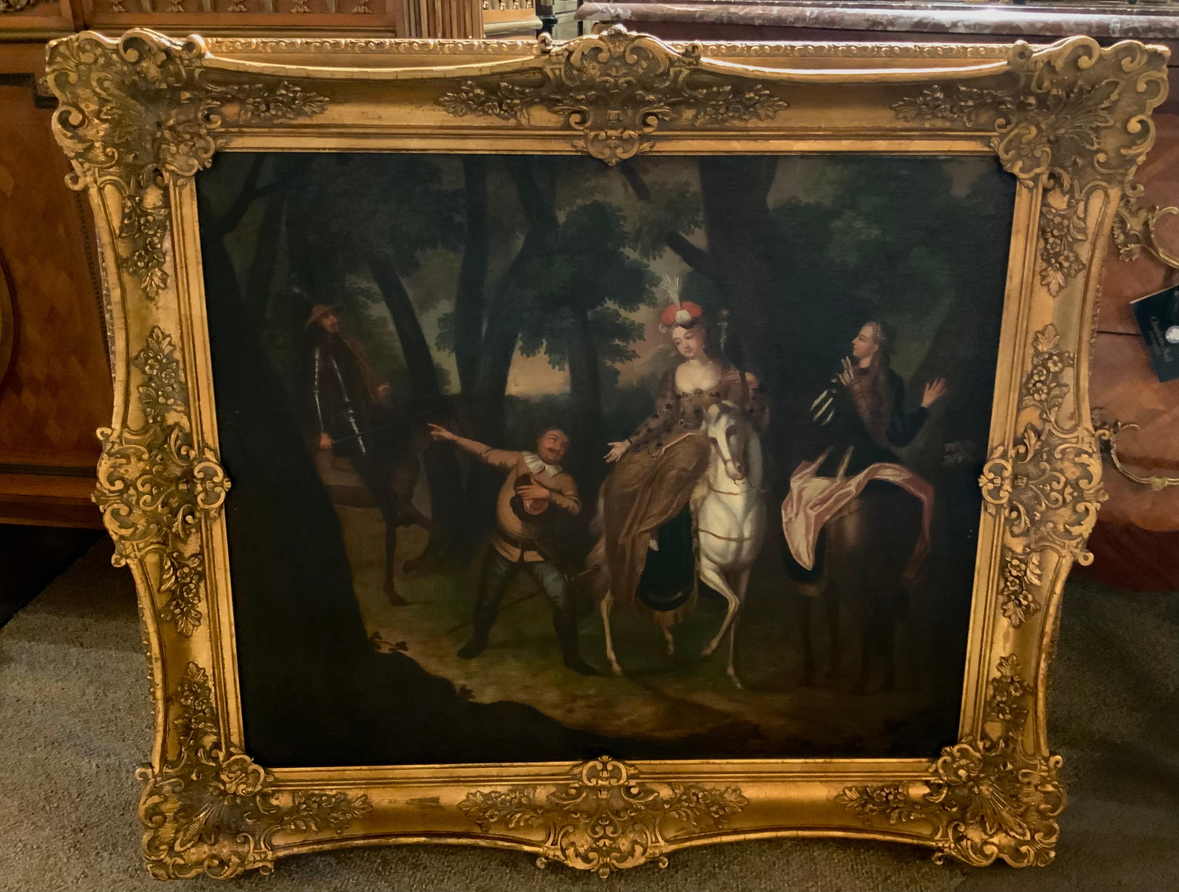 A fine gilt frame surrounds this antique oil painting depicting 
The story of Don Quixote, Sancho Panza Sent by Don Quixote
To the Duchess. It is French circa 1750 after the artist Charles-Antoine
coypel. The frame is complete and without chips