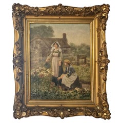 Óleo antiguo sobre lienzo "El jardín agrícola" Firmado S. Lund Siglo XIX