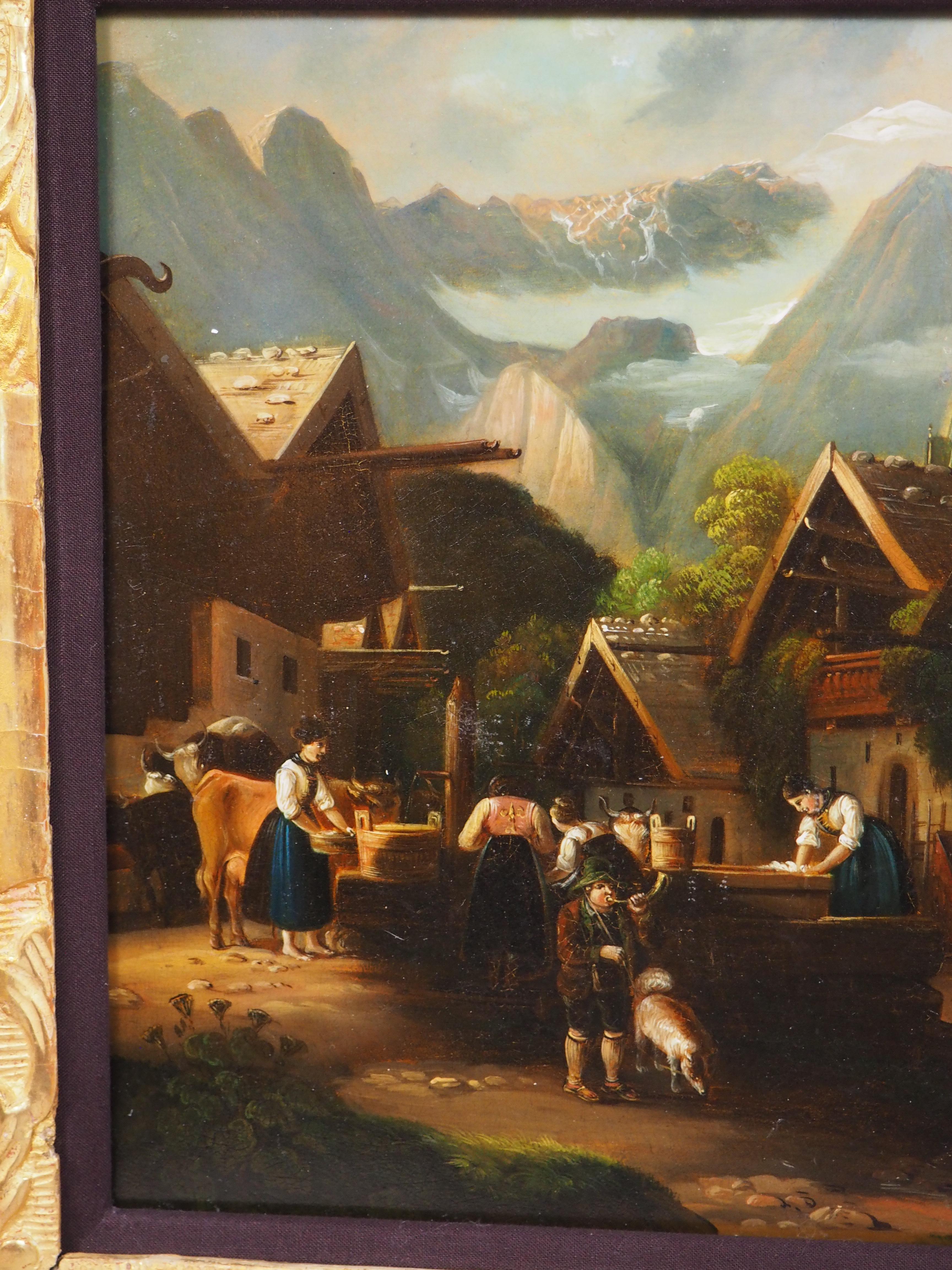 Antikes Öl auf Kupfer Gemälde einer alpinen Dorfszene im Angebot 4