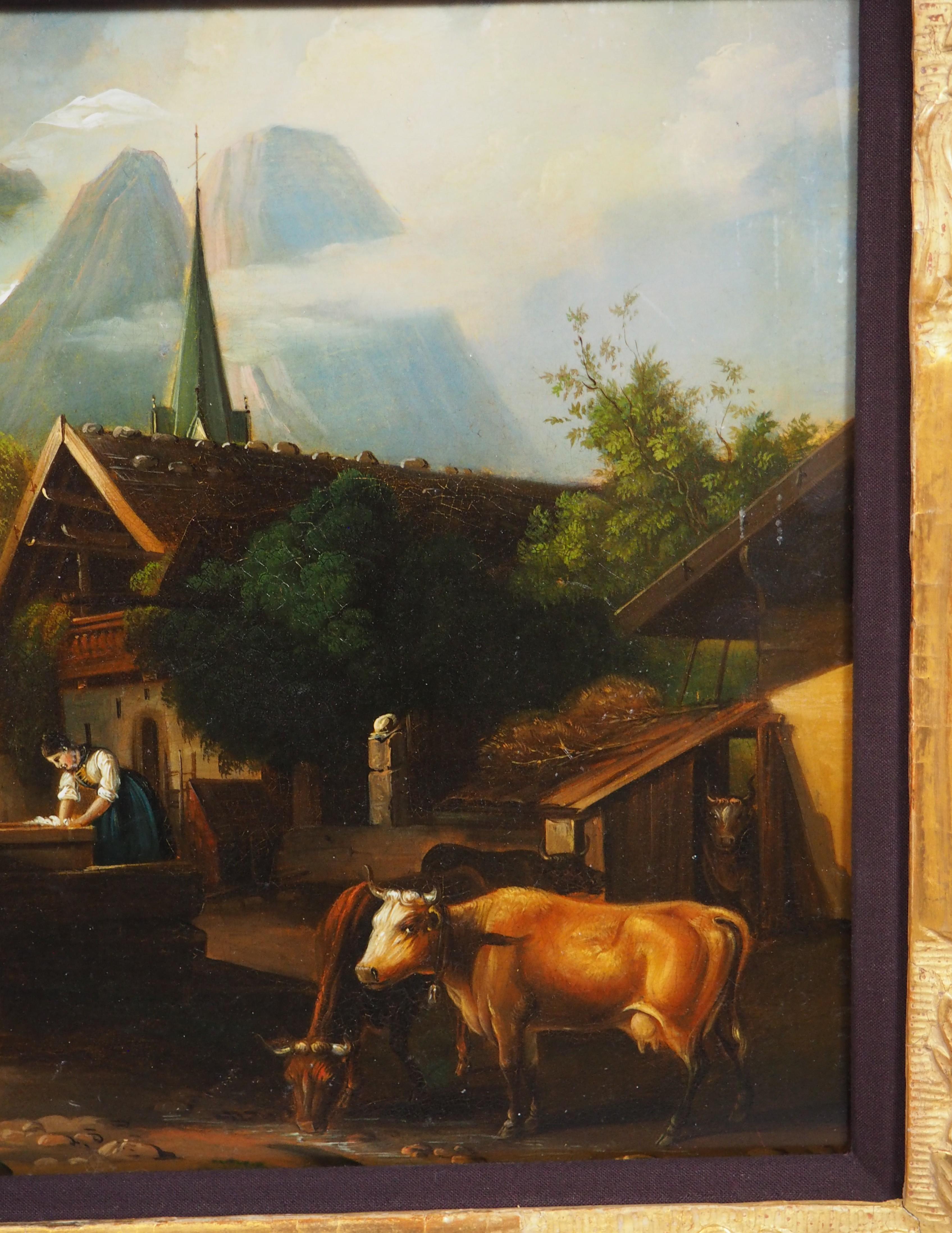 Antikes Öl auf Kupfer Gemälde einer alpinen Dorfszene im Angebot 5