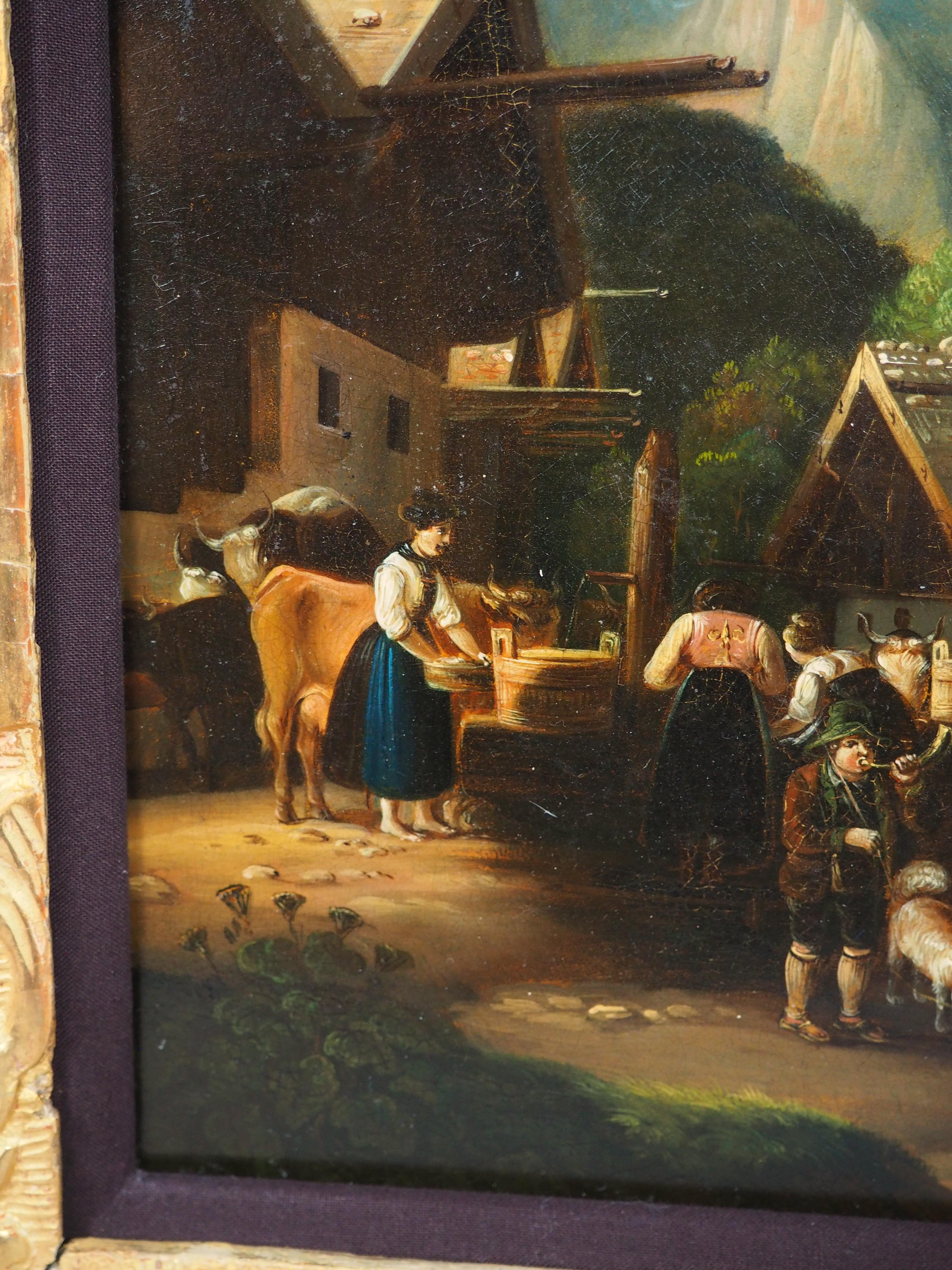 Antikes Öl auf Kupfer Gemälde einer alpinen Dorfszene im Angebot 6