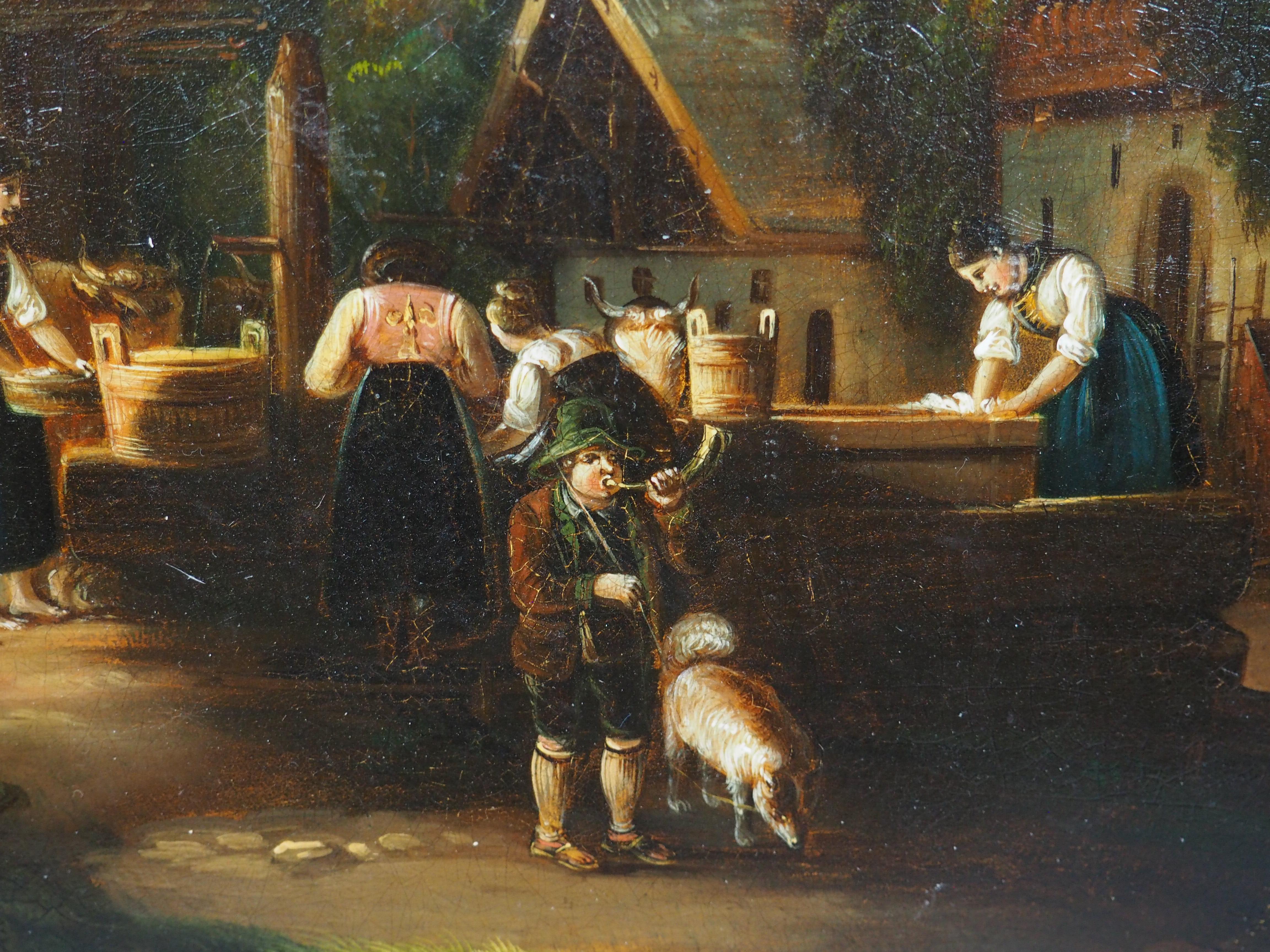 Antikes Öl auf Kupfer Gemälde einer alpinen Dorfszene im Angebot 7