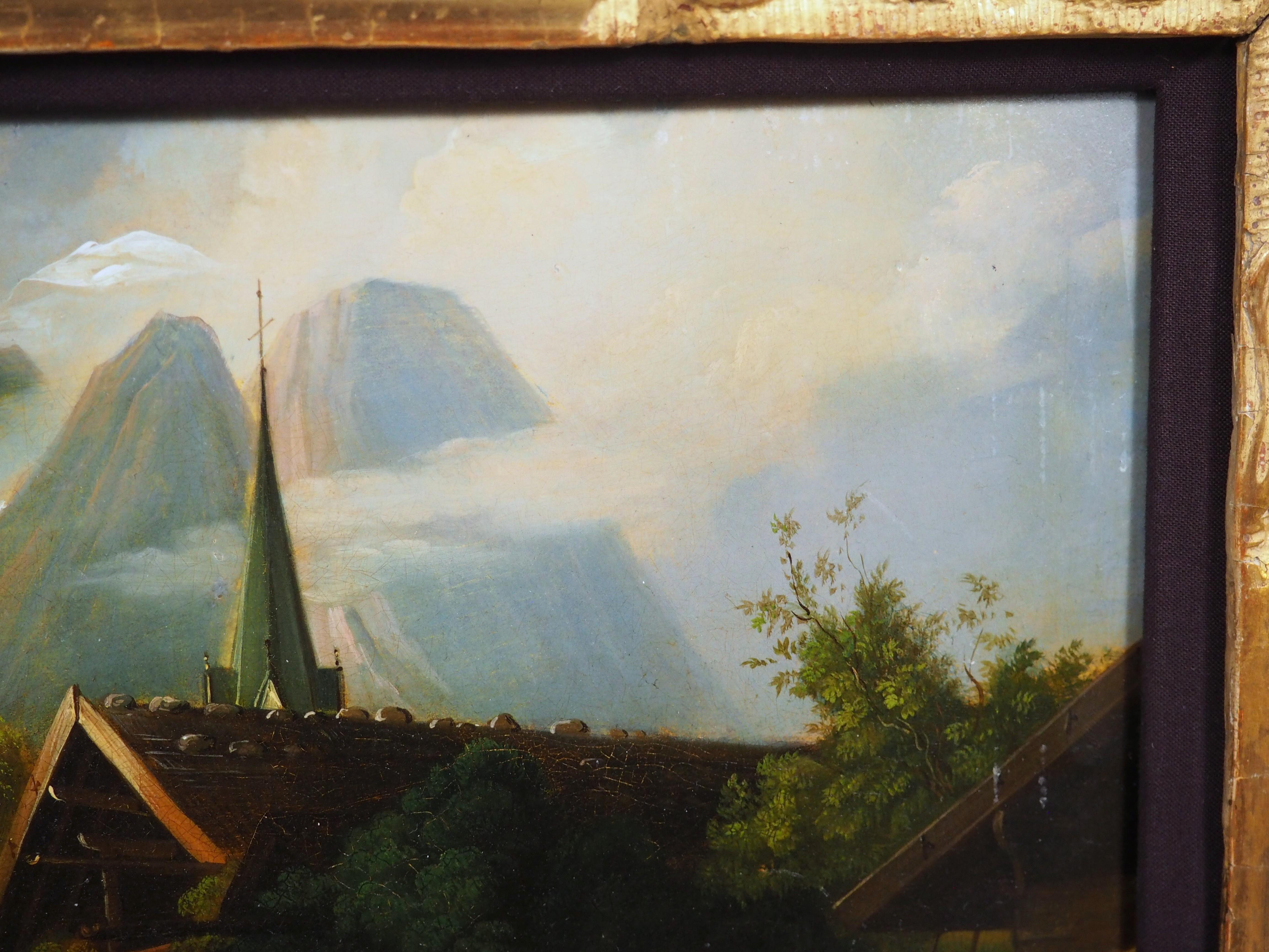 Antikes Öl auf Kupfer Gemälde einer alpinen Dorfszene im Angebot 8