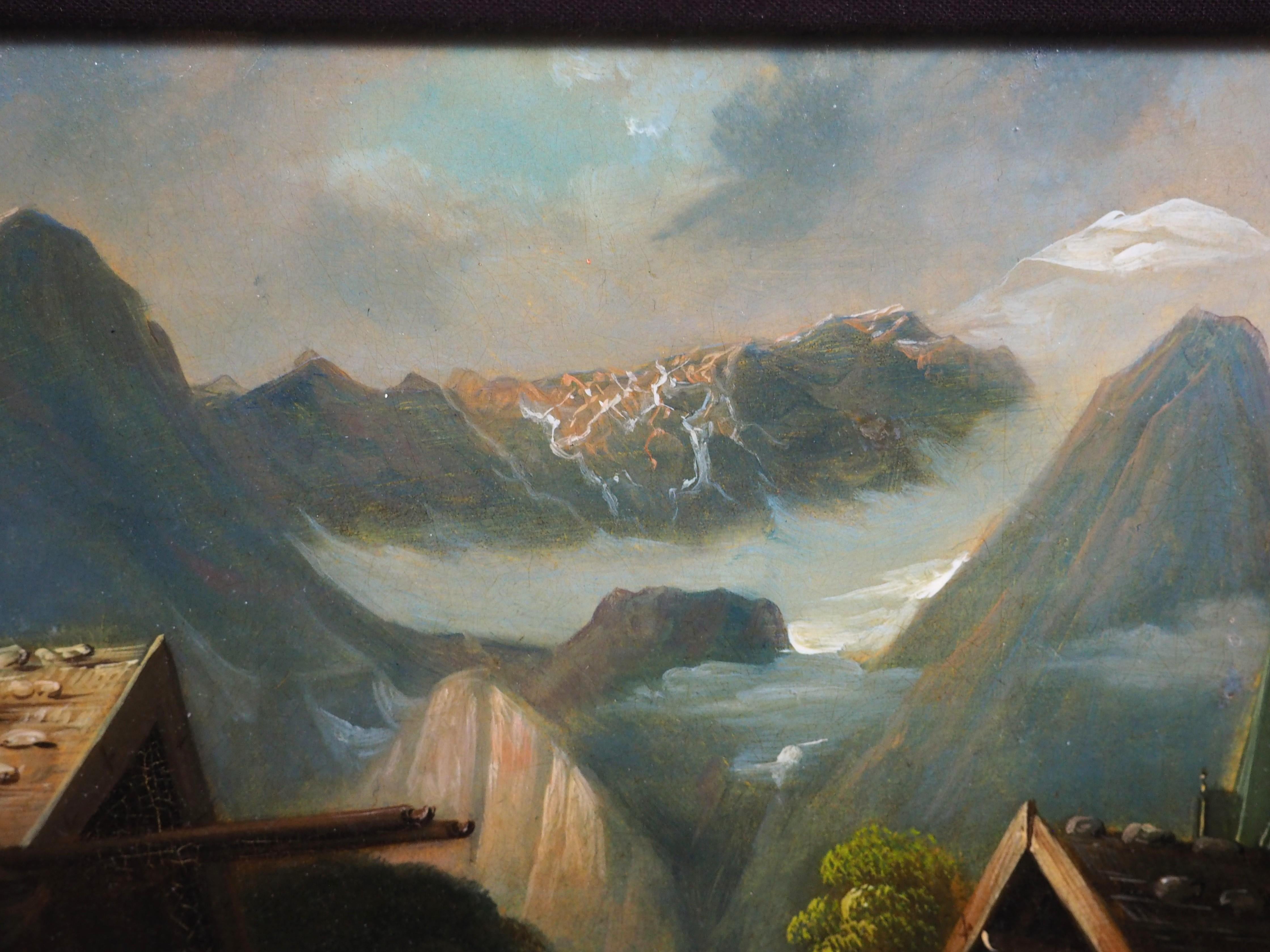 Antikes Öl auf Kupfer Gemälde einer alpinen Dorfszene im Angebot 9