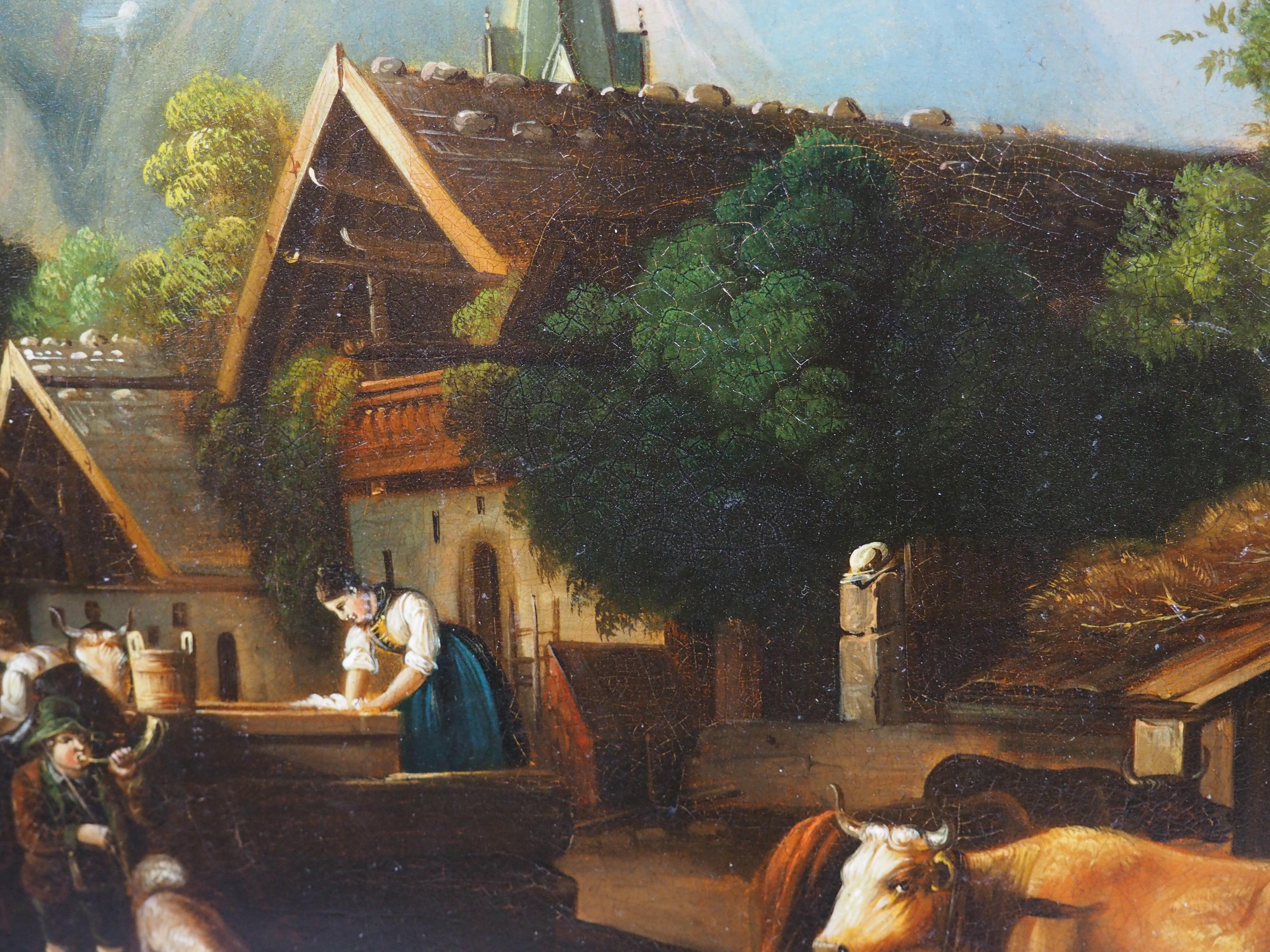 Antikes Öl auf Kupfer Gemälde einer alpinen Dorfszene im Angebot 12