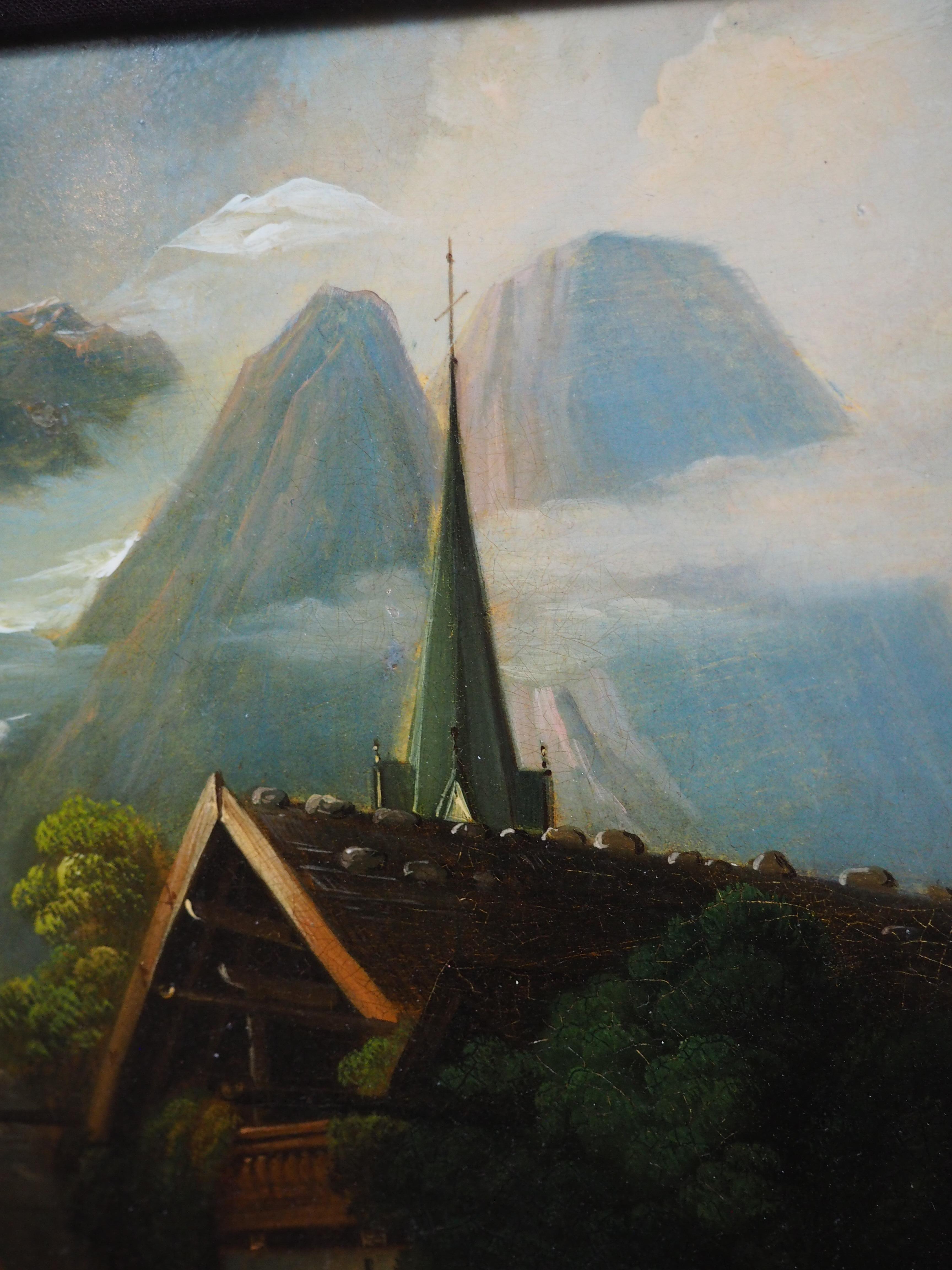 Antikes Öl auf Kupfer Gemälde einer alpinen Dorfszene im Angebot 13