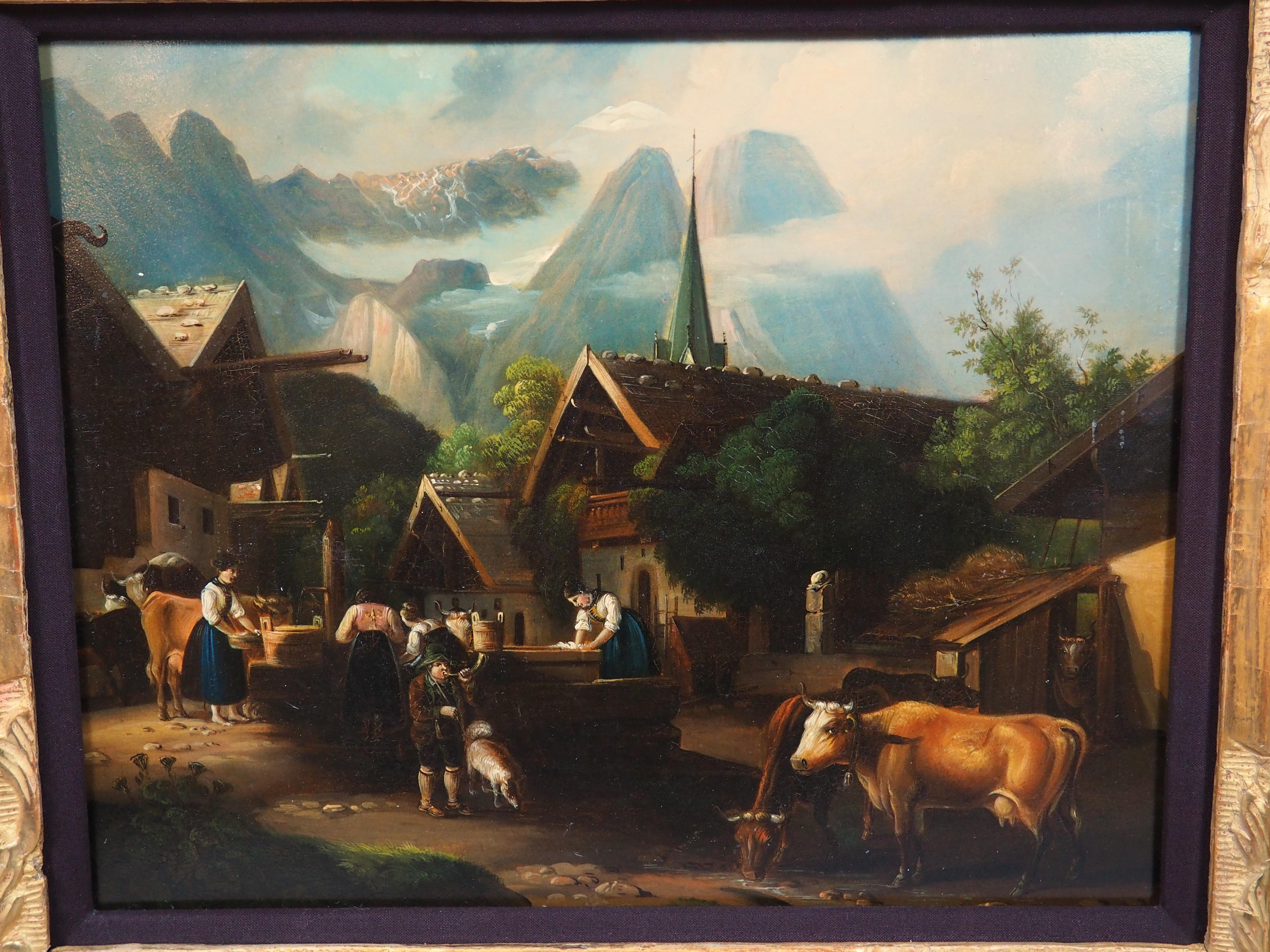Antikes Öl auf Kupfer Gemälde einer alpinen Dorfszene im Angebot 14
