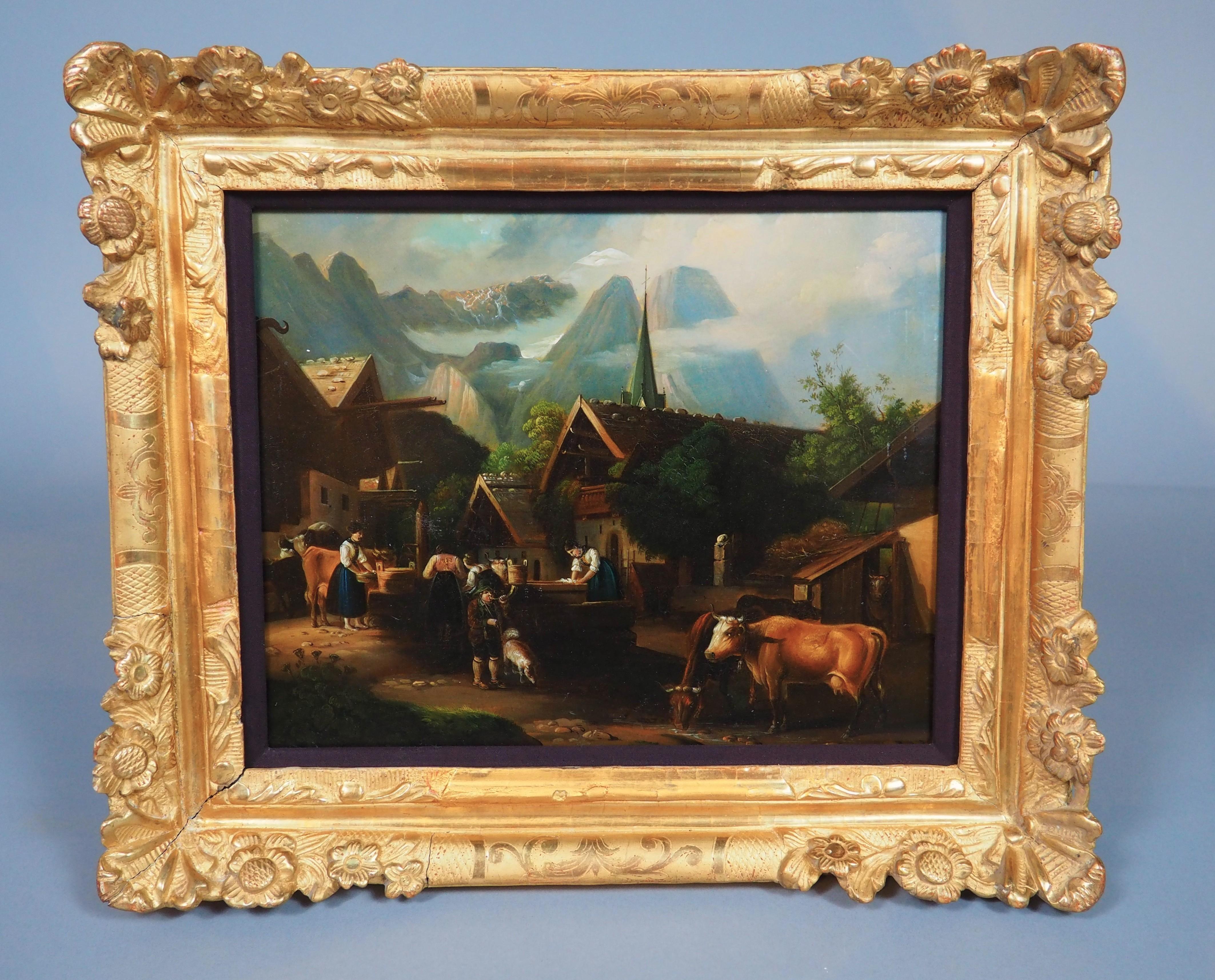 Antikes Öl auf Kupfer Gemälde einer alpinen Dorfszene im Zustand „Gut��“ im Angebot in Dallas, TX