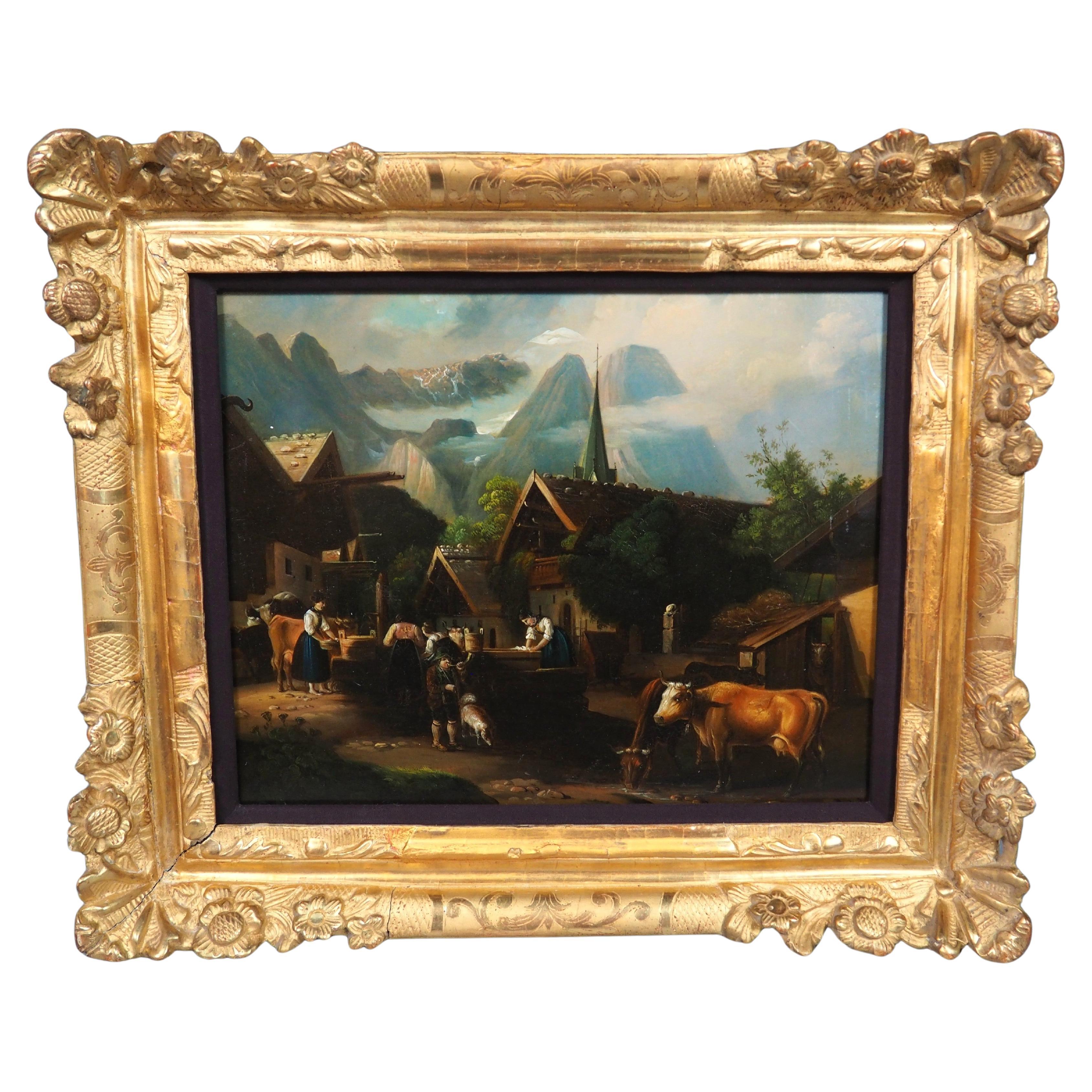 Antikes Öl auf Kupfer Gemälde einer alpinen Dorfszene