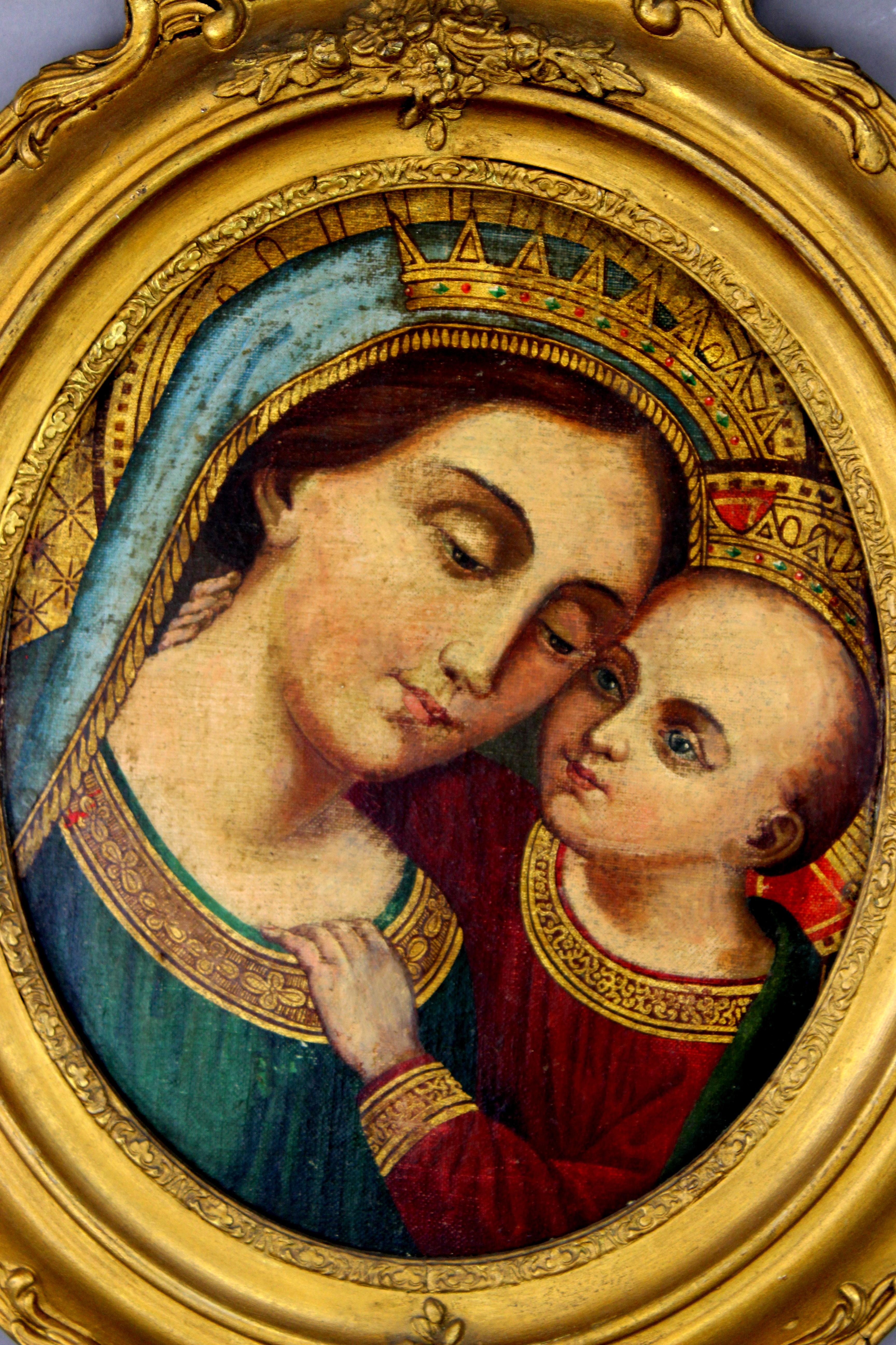 Antique oil on hardboard painting depicting Madonna and child, 19th century 6