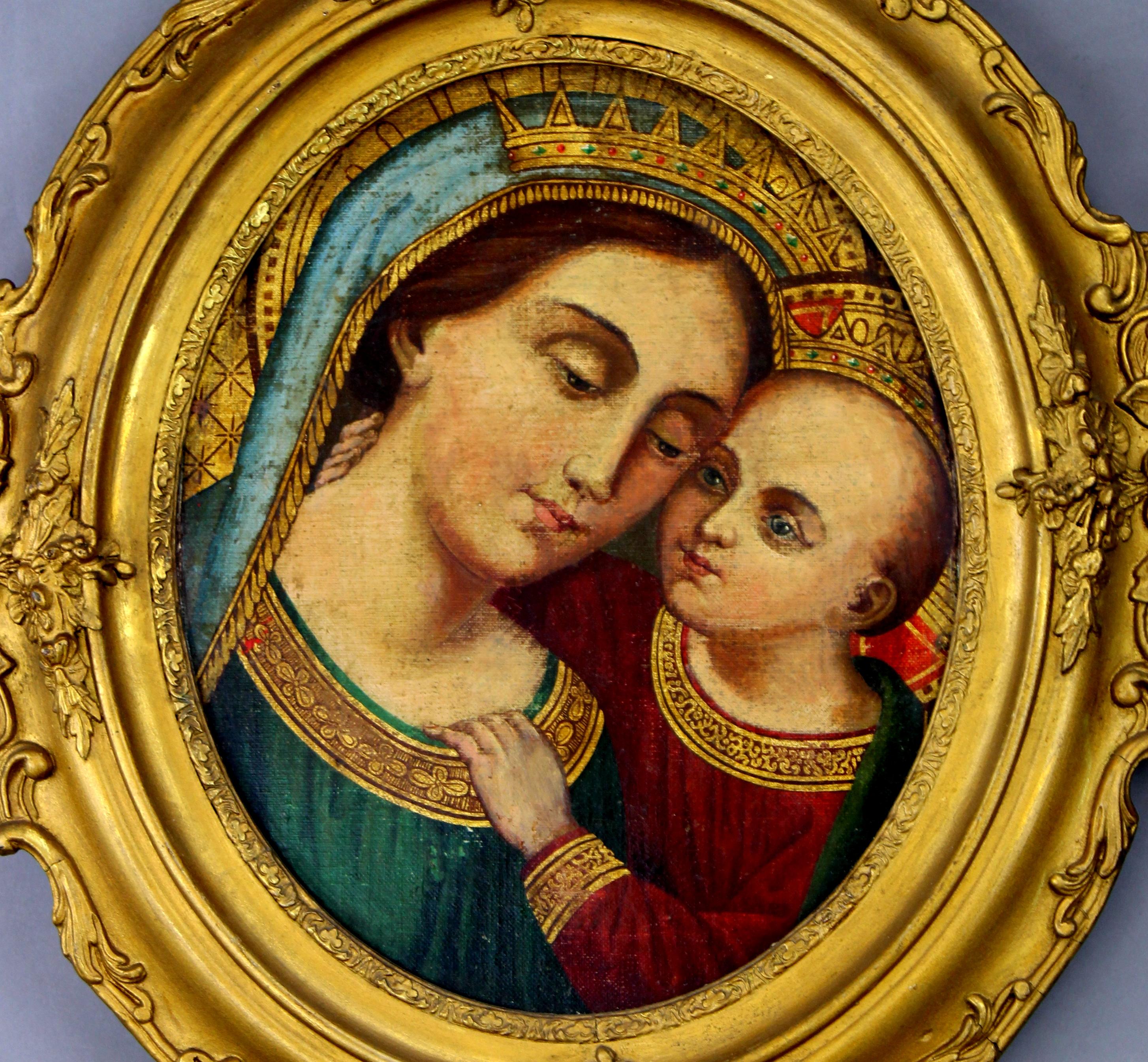 Antique oil on hardboard painting depicting Madonna and child, 19th century 7