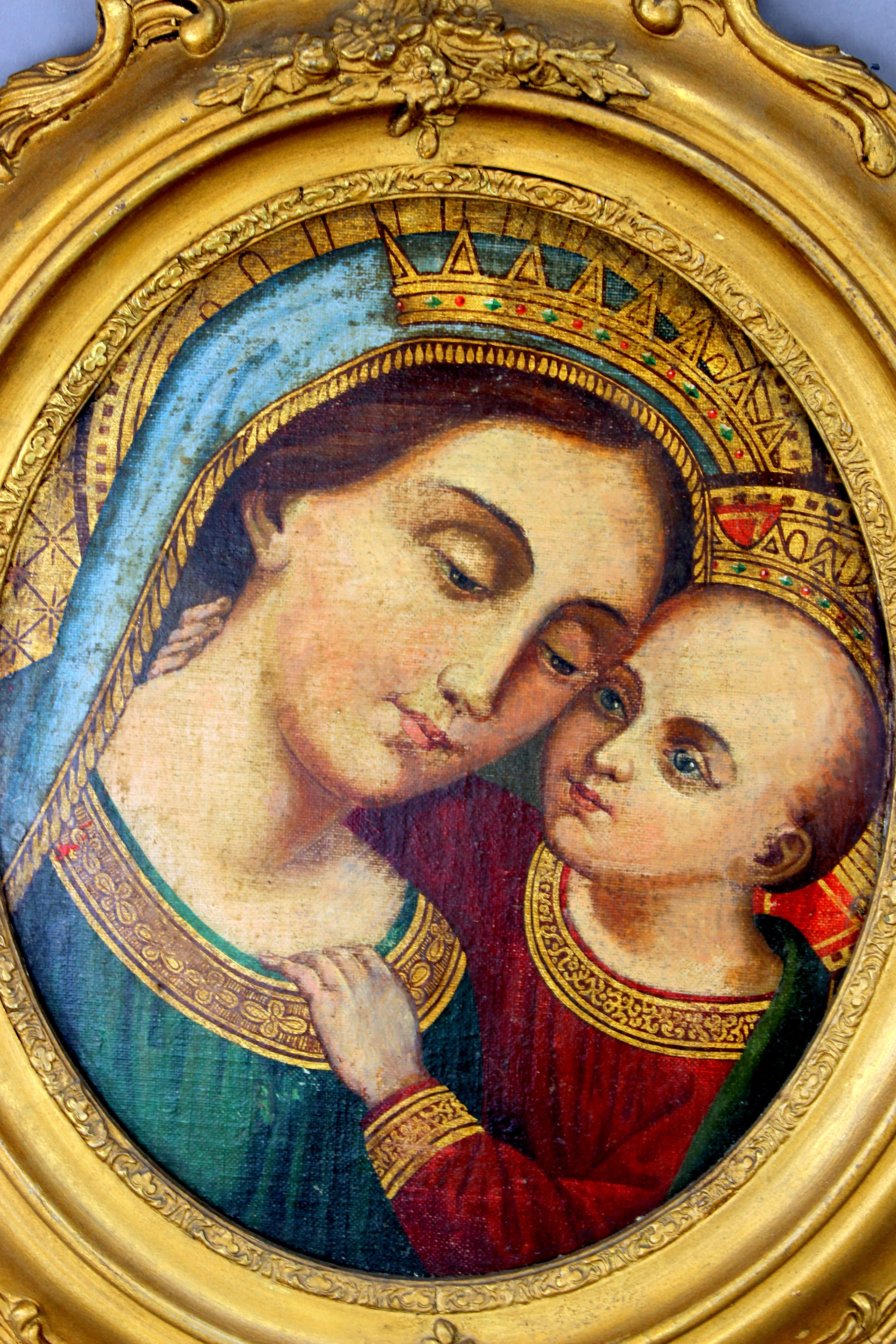 Antique unknown artist oil on hardboard painting depicting Madonna and child 

Made in early 19th Century, possibly European / Italian , frames may be later. 

Dimensions: 

Full frame size: 46 x 41 x 2.7 cm 
Picture size: 29 x 24.5 cm