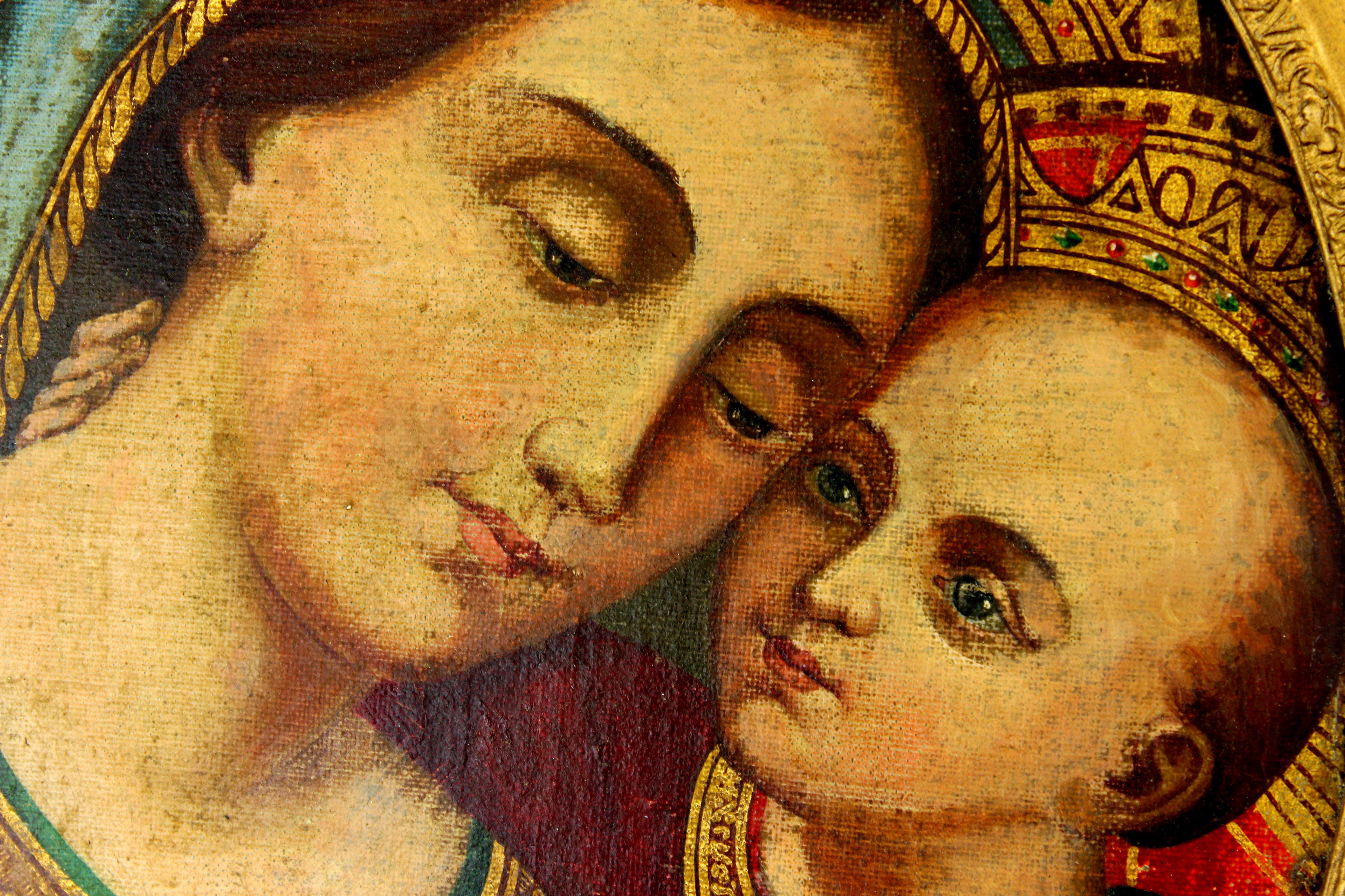 Italian Antique oil on hardboard painting depicting Madonna and child, 19th century