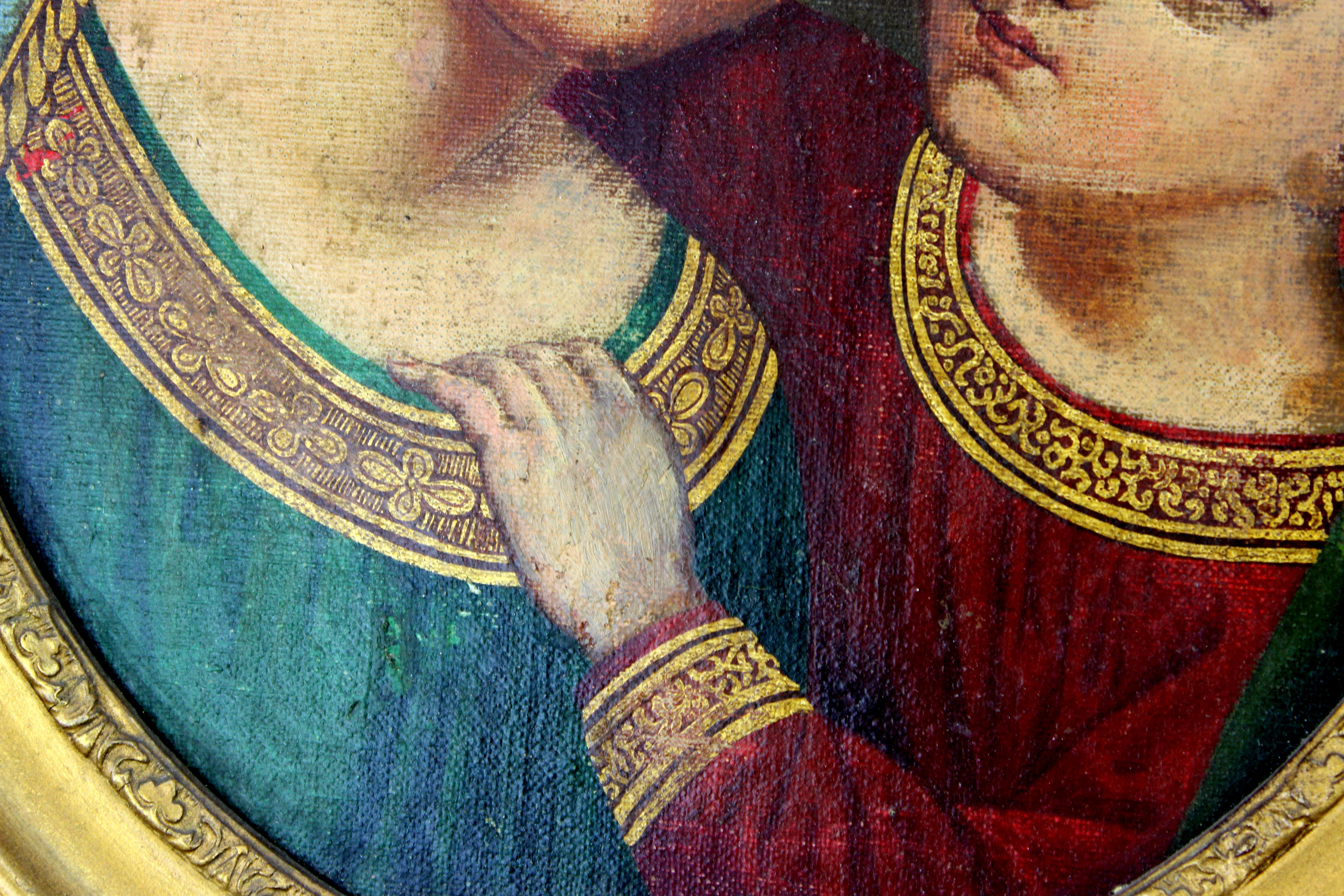 Oiled Antique oil on hardboard painting depicting Madonna and child, 19th century