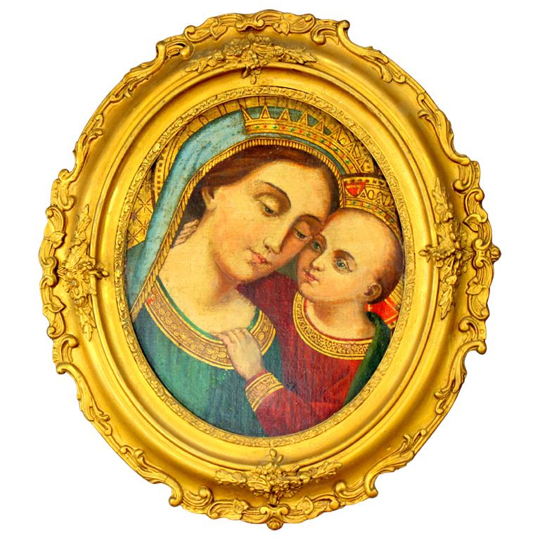 Antique oil on hardboard painting depicting Madonna and child, 19th century