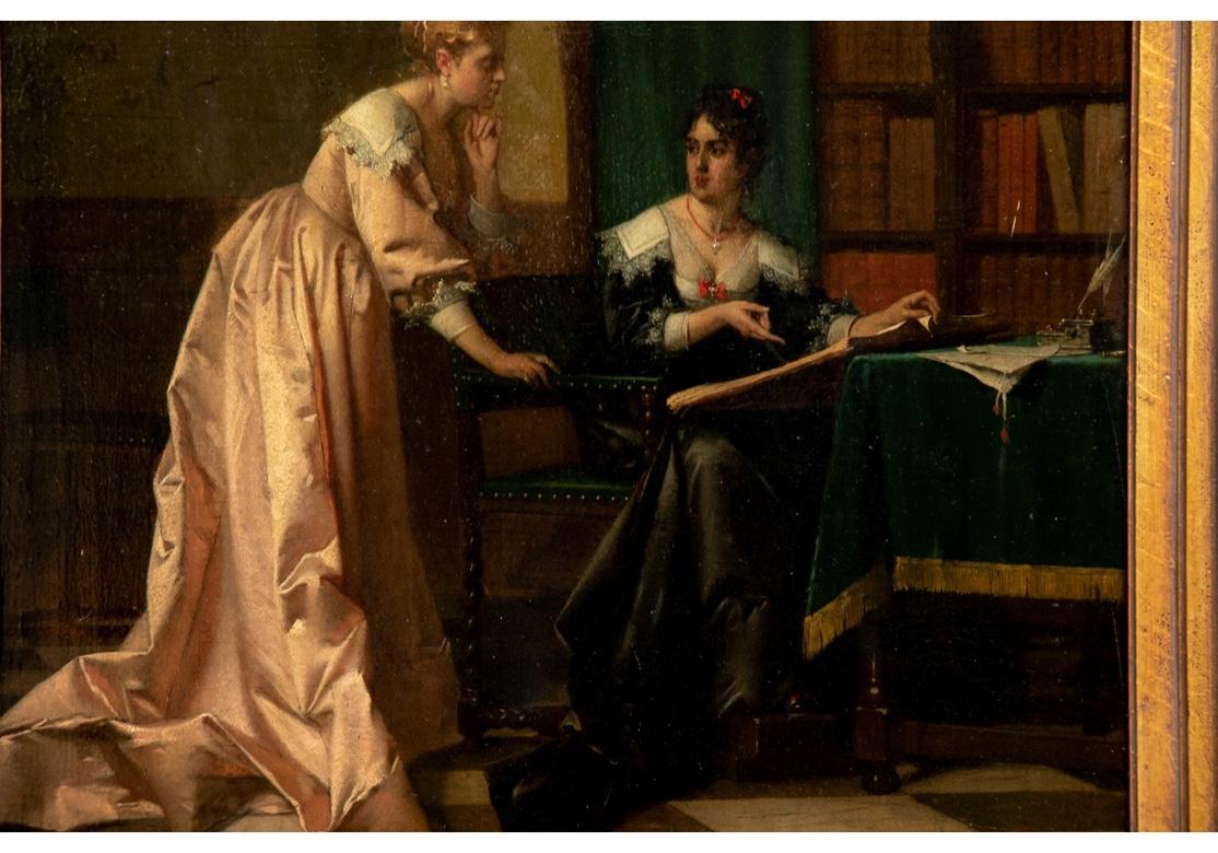 Gilt Antique Oil on Panel, Female Figures Reading
