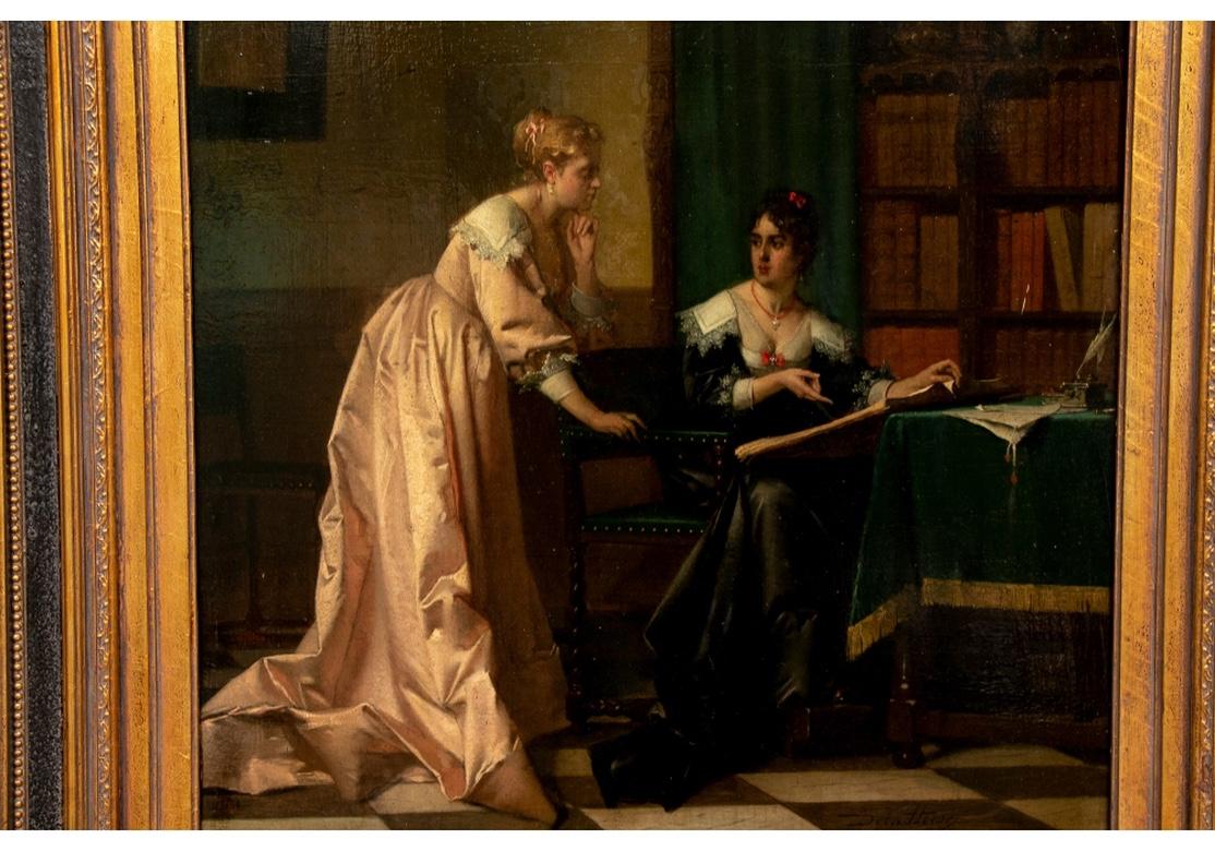Antique Oil on Panel, Female Figures Reading 1