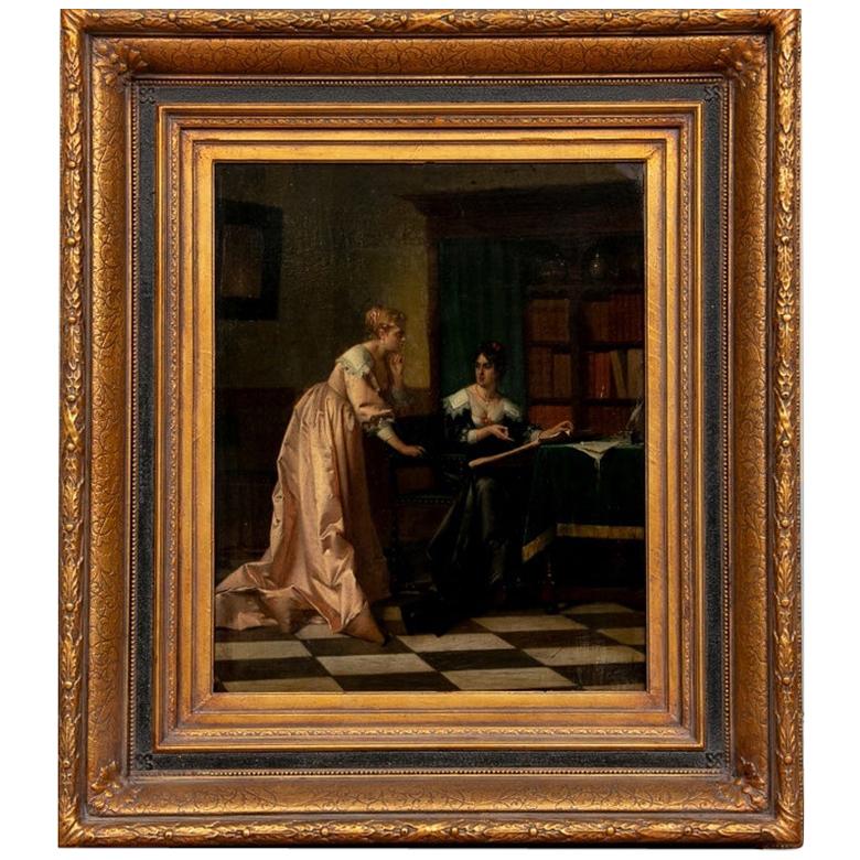 Antique Oil on Panel, Female Figures Reading