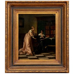 Antique Oil on Panel, Female Figures Reading