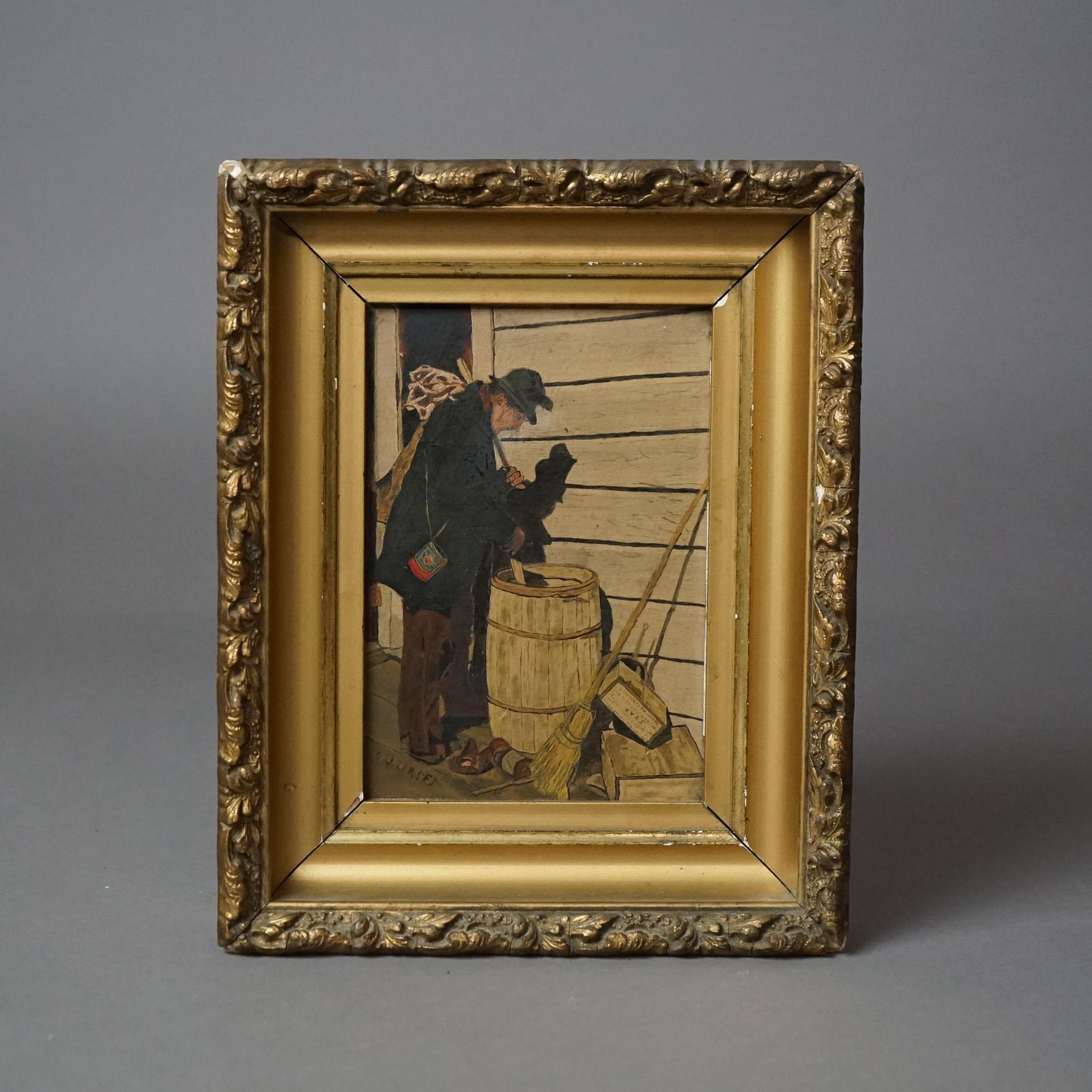 Antique Oil on Panel Painting of a Street Urchin Hobo Signed C.J. Larsen, Seated in Giltwood Frame,  C1900

Measures - 9.75