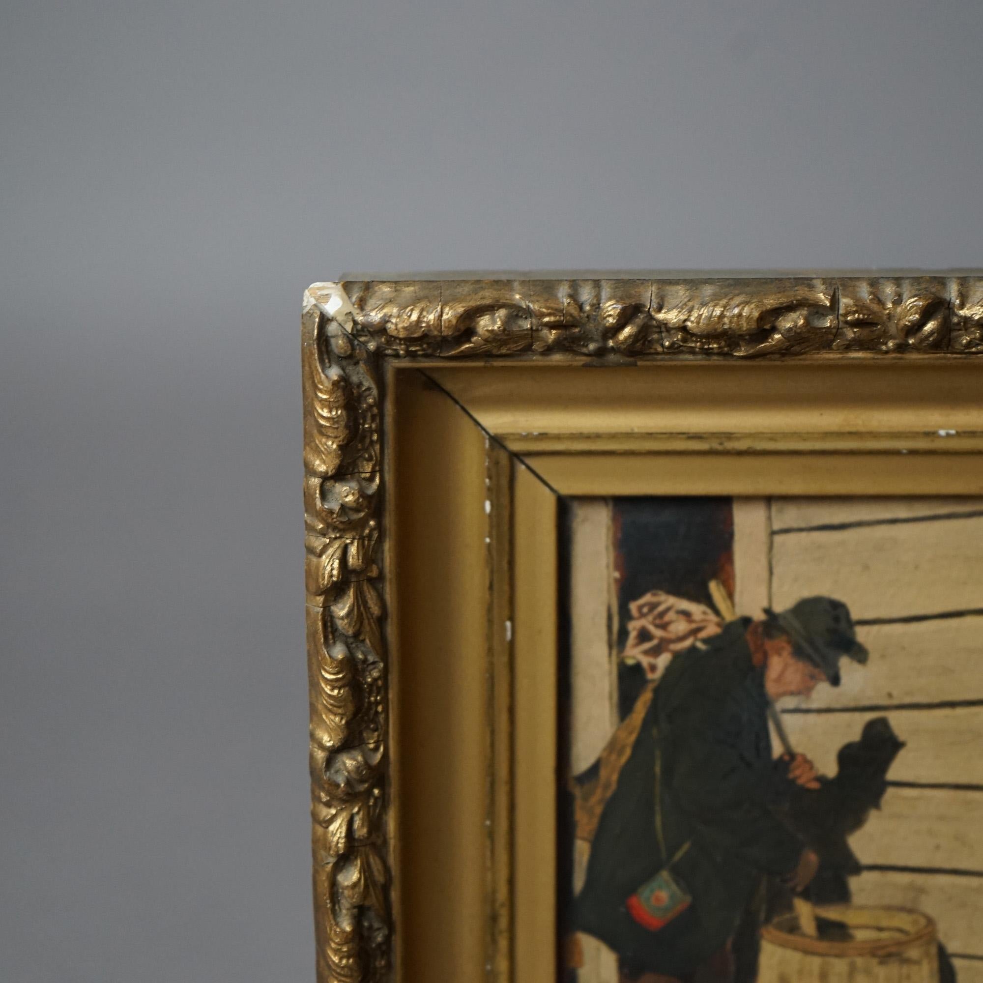 Antique Oil on Panel Painting of a Street Urchin Hobo Signed C.J. Larsen C1900 In Good Condition For Sale In Big Flats, NY