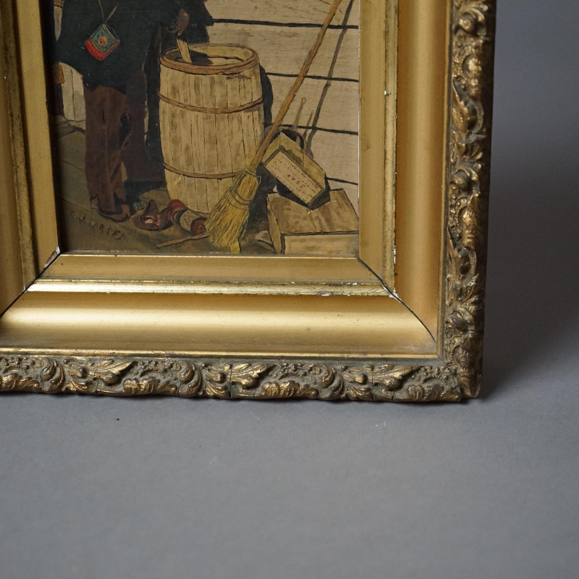 Wood Antique Oil on Panel Painting of a Street Urchin Hobo Signed C.J. Larsen C1900 For Sale