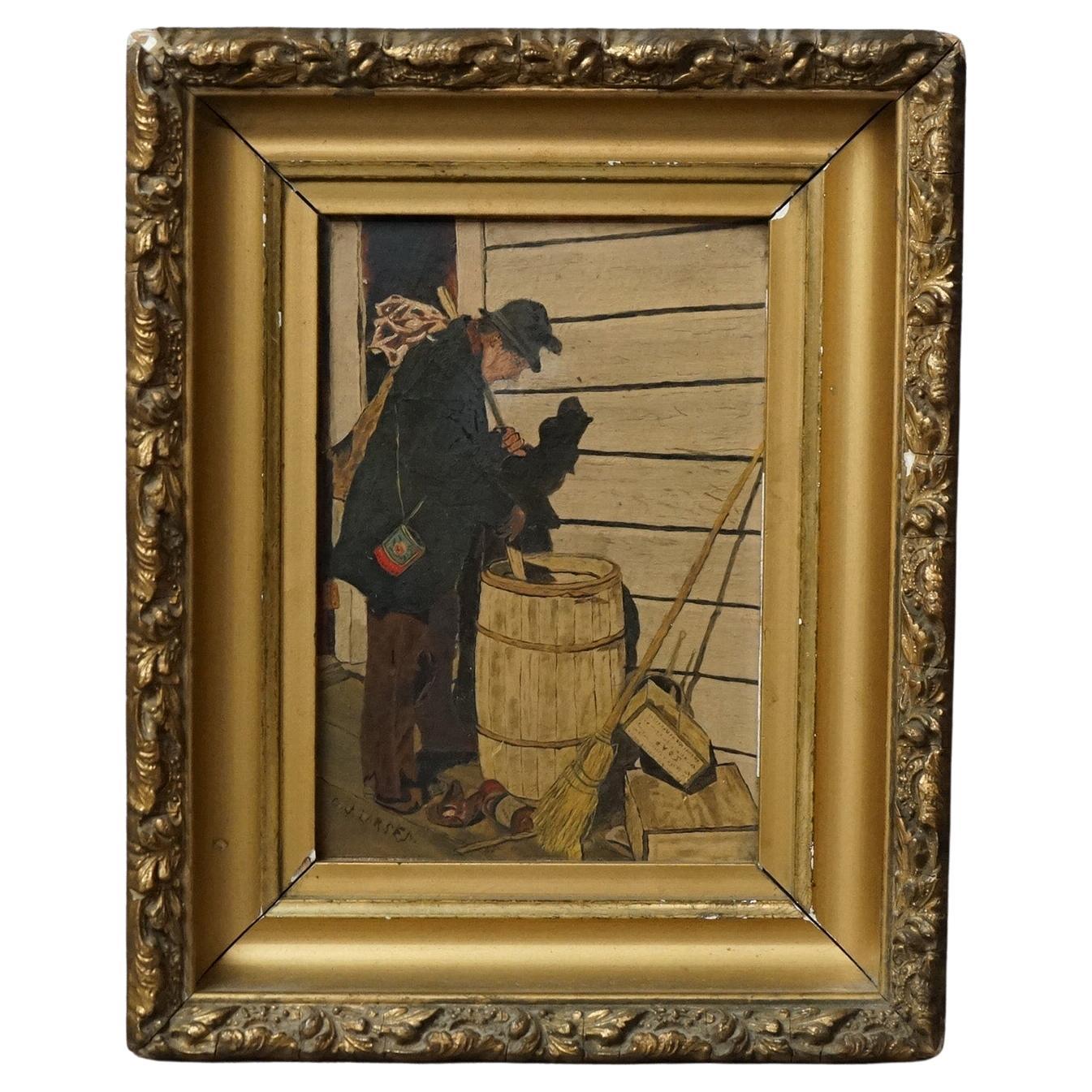 Ancienne peinture à l'huile sur panneau d'un urchin Hobo de rue signé C.J. Larsen C1900