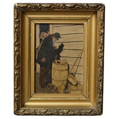Ancienne peinture à l'huile sur panneau d'un urchin Hobo de rue signé C.J. Larsen C1900
