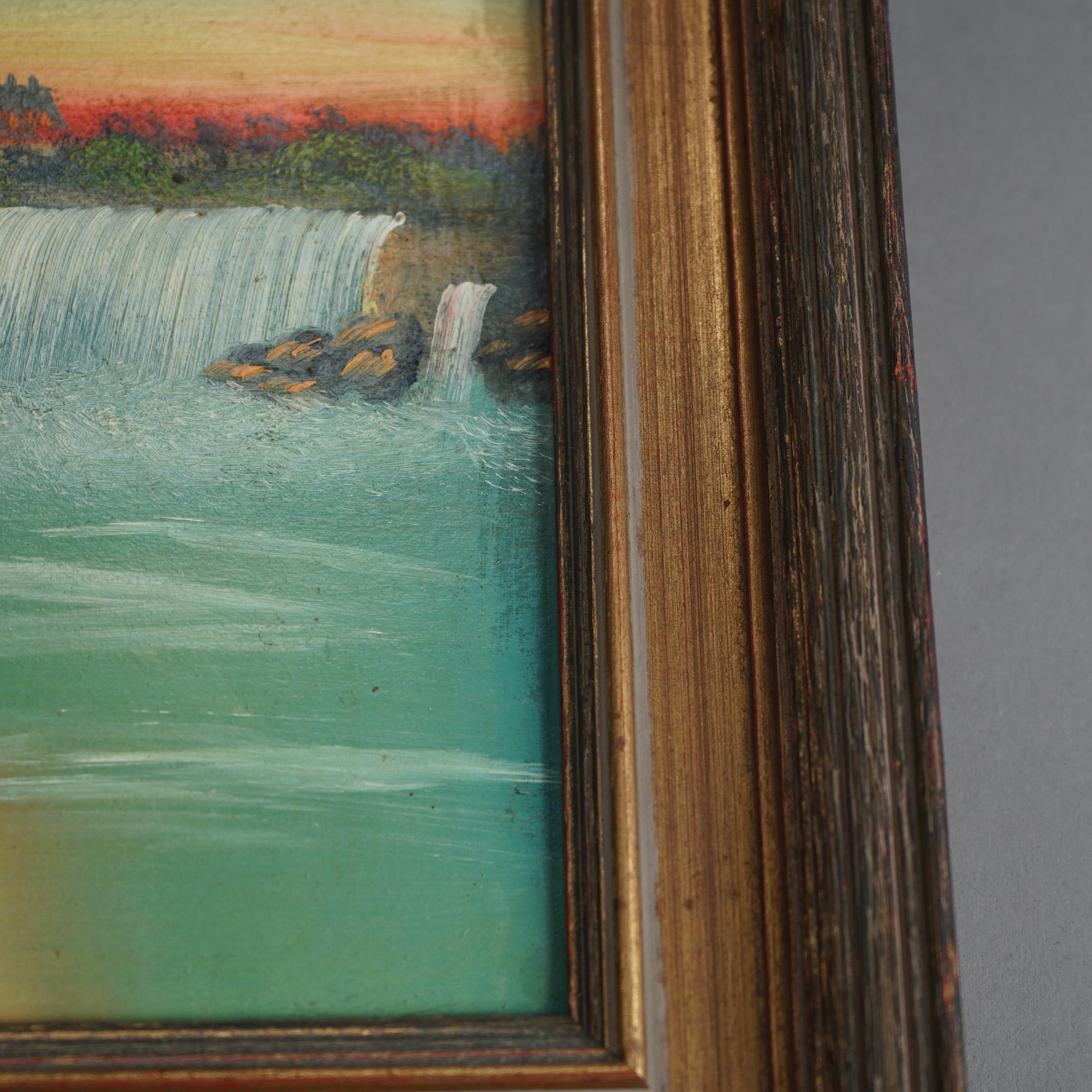 Peinture ancienne à l'huile sur panneau, vue des chutes du Niagara Circa 1900 7