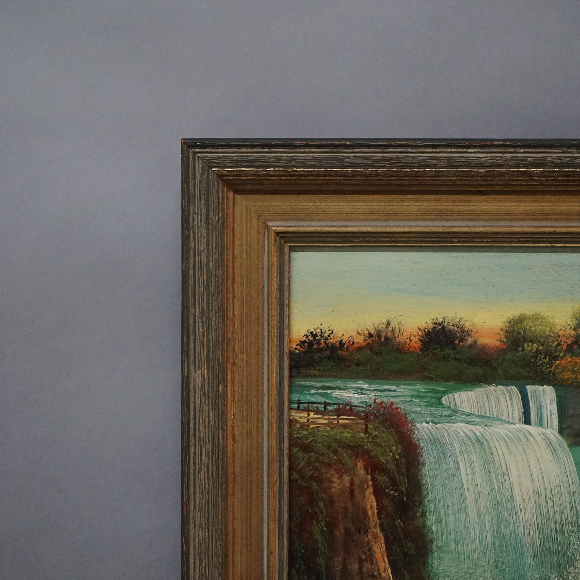 20ième siècle Peinture ancienne à l'huile sur panneau, vue des chutes du Niagara Circa 1900