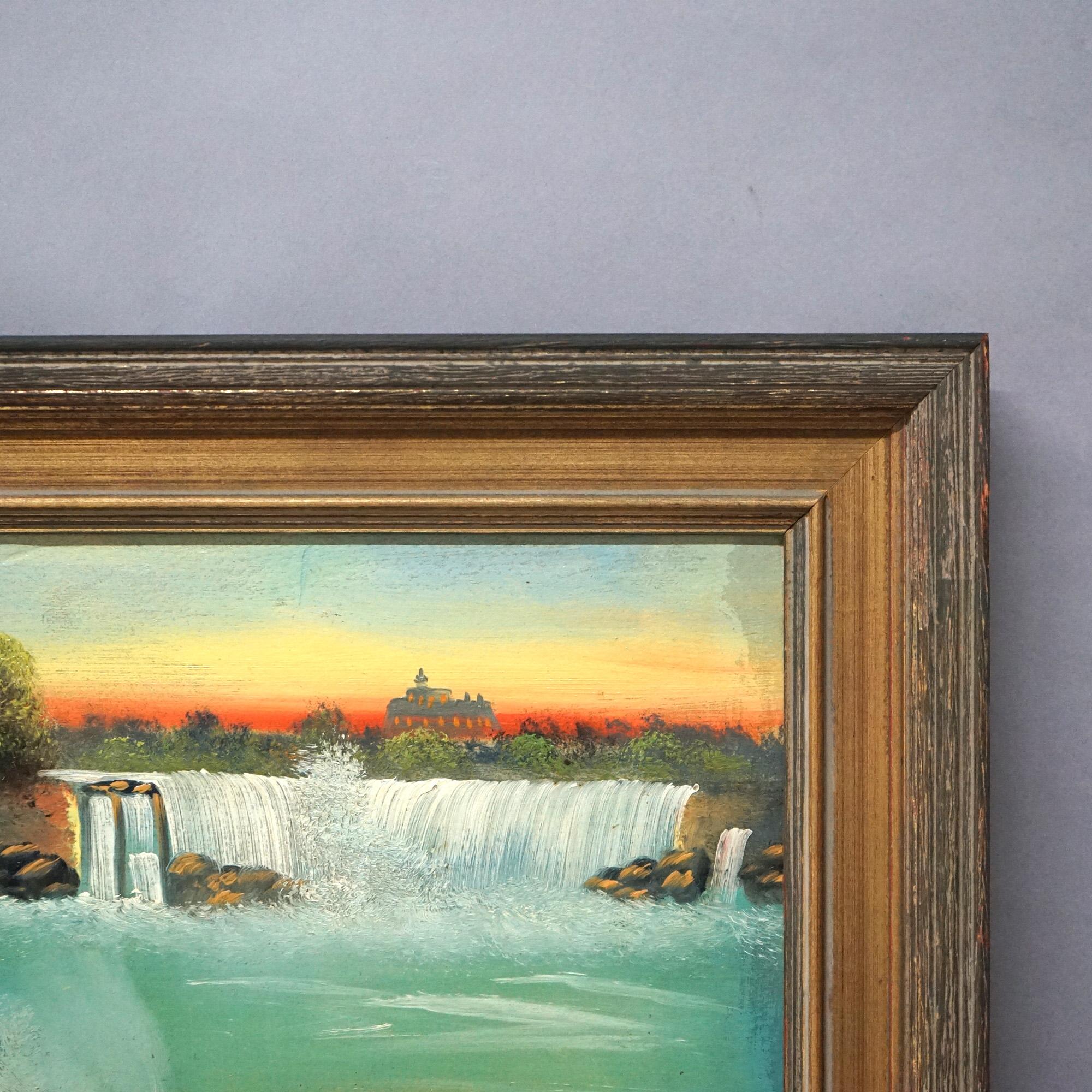 Wood Antique Oil on Panel Painting, View Of Niagara Falls Circa 1900