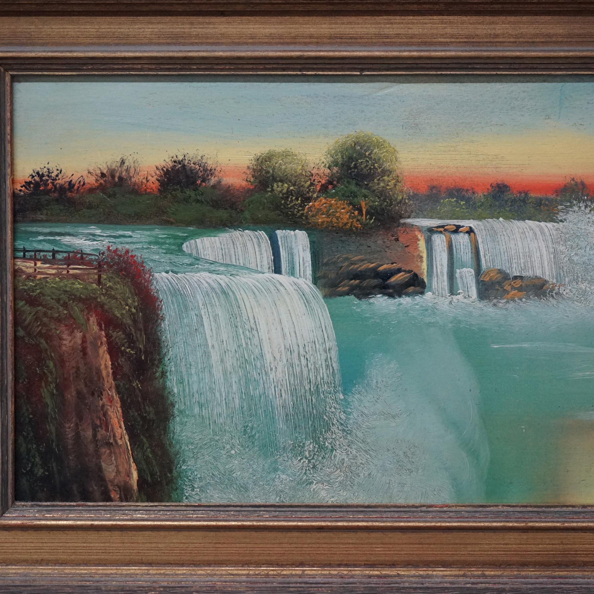 Peinture ancienne à l'huile sur panneau, vue des chutes du Niagara Circa 1900 1