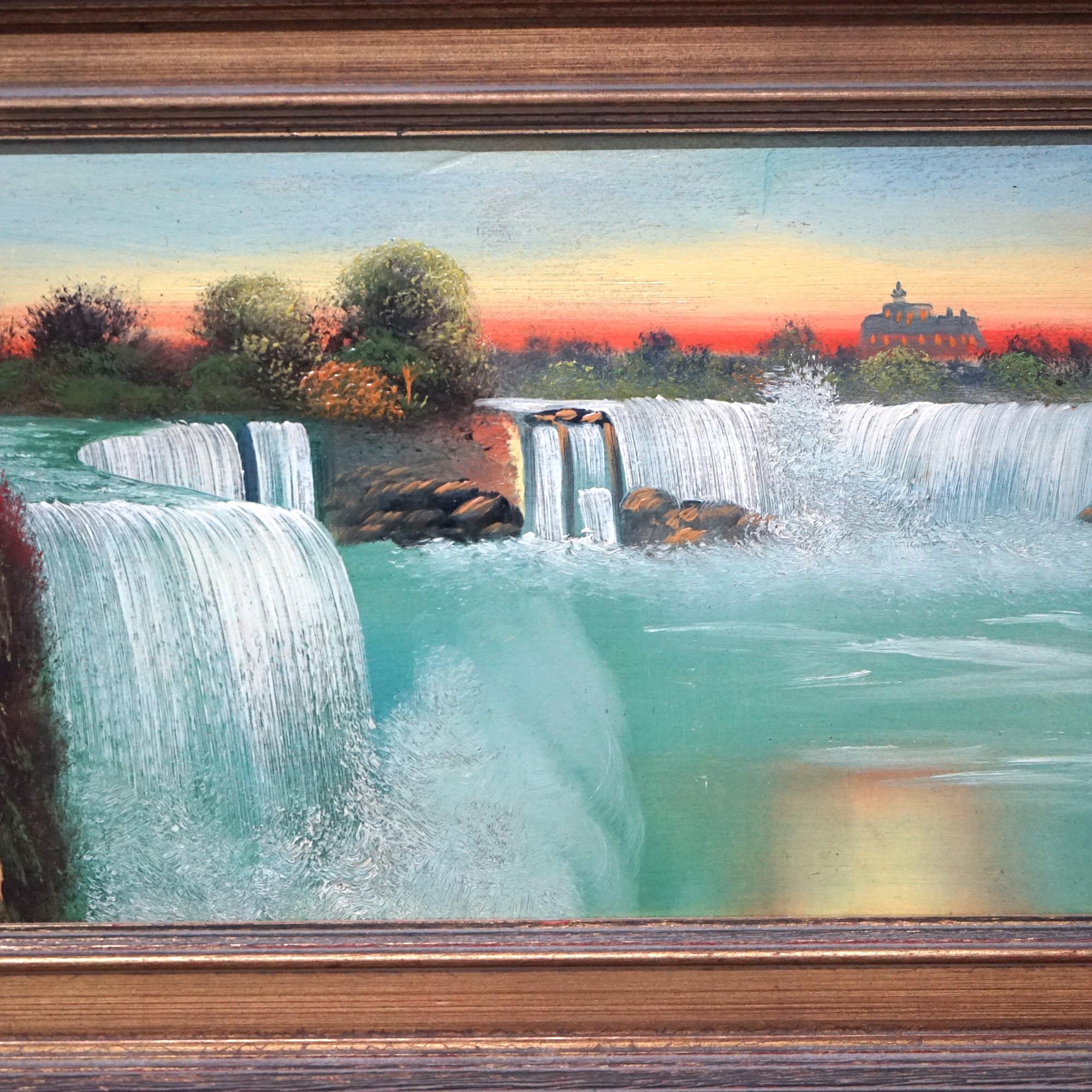 Peinture ancienne à l'huile sur panneau, vue des chutes du Niagara Circa 1900 2