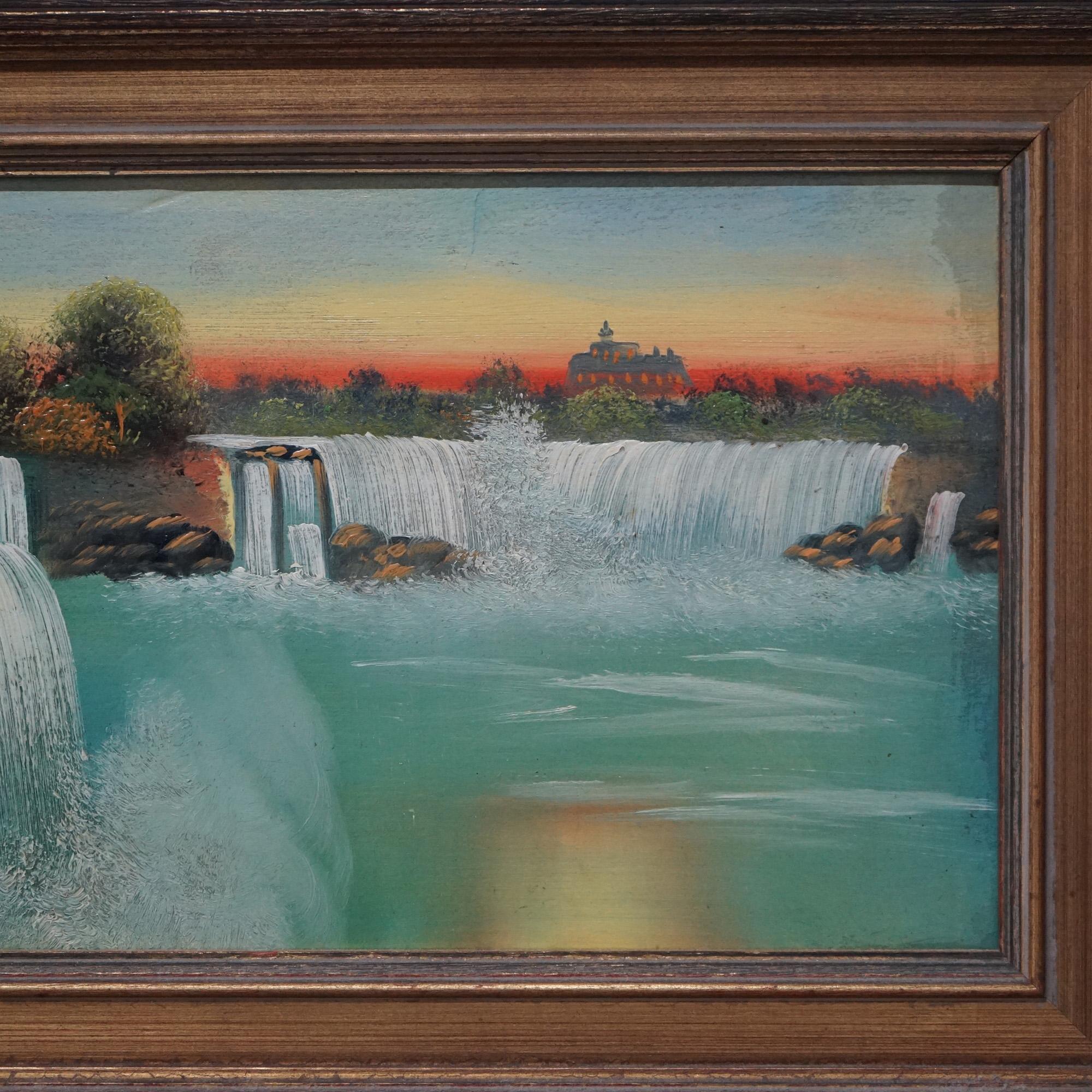 Peinture ancienne à l'huile sur panneau, vue des chutes du Niagara Circa 1900 3