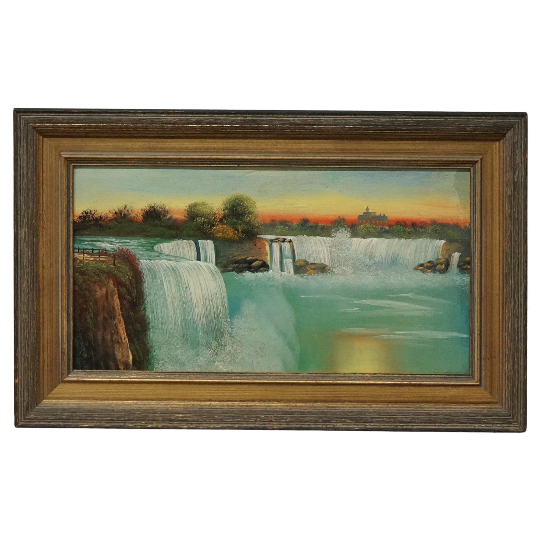 Peinture ancienne à l'huile sur panneau, vue des chutes du Niagara Circa 1900