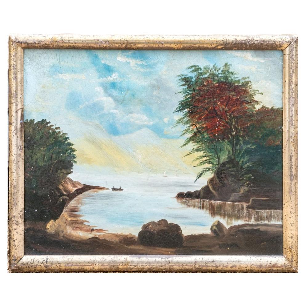 Antico olio su pannello di Wood Scene di baia in vendita