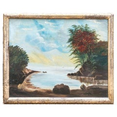 Antique Oil On Wood Panel Bay Scene