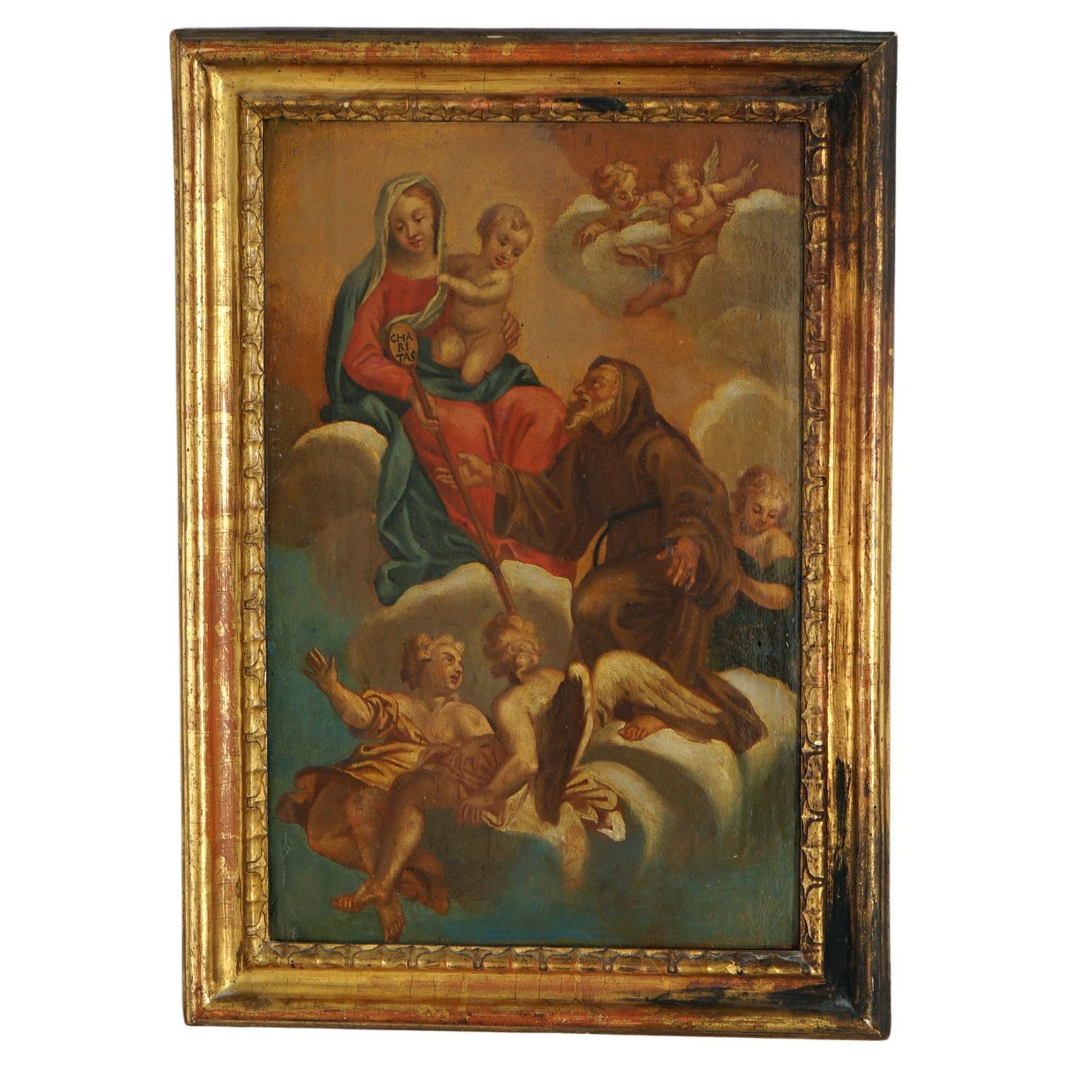 Antique Oil on Wood Panel Painting of Madonna & Child 18th-19th C