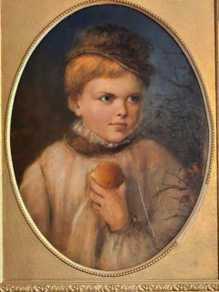 Antique Oil Painting, "A Young Boy Eating Apple", 19th Century
