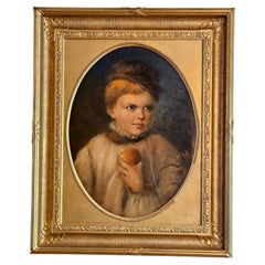 Antique Oil Painting, "A Young Boy Eating Apple", 19th Century