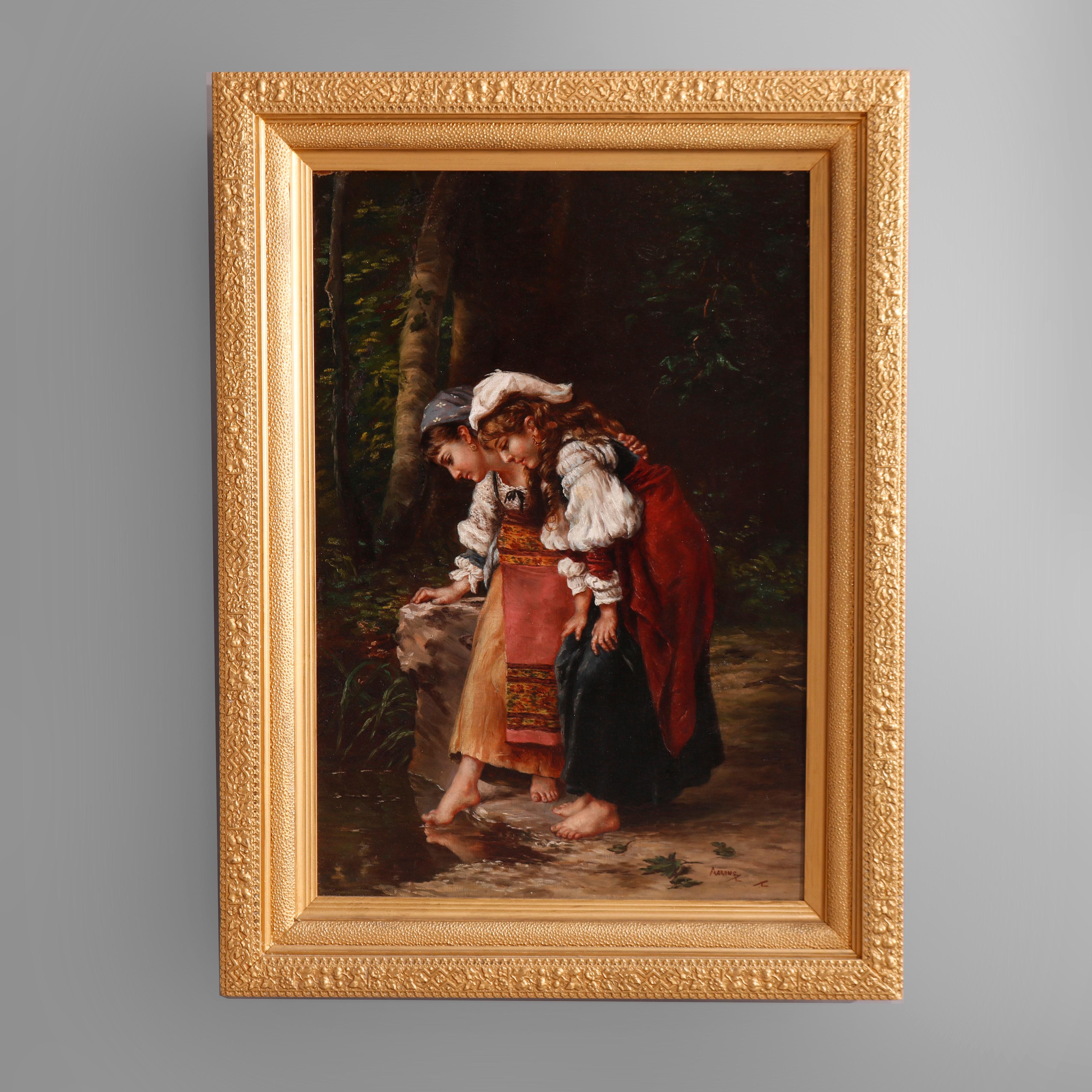 An antique Continental painting by Aarons offers oil on canvas genre scene having two young girls at a creek in country side setting, seated in giltwood frame, artist signed lower right as photographed, c1890

Measures - Overall 33''H X 24.5''W X
